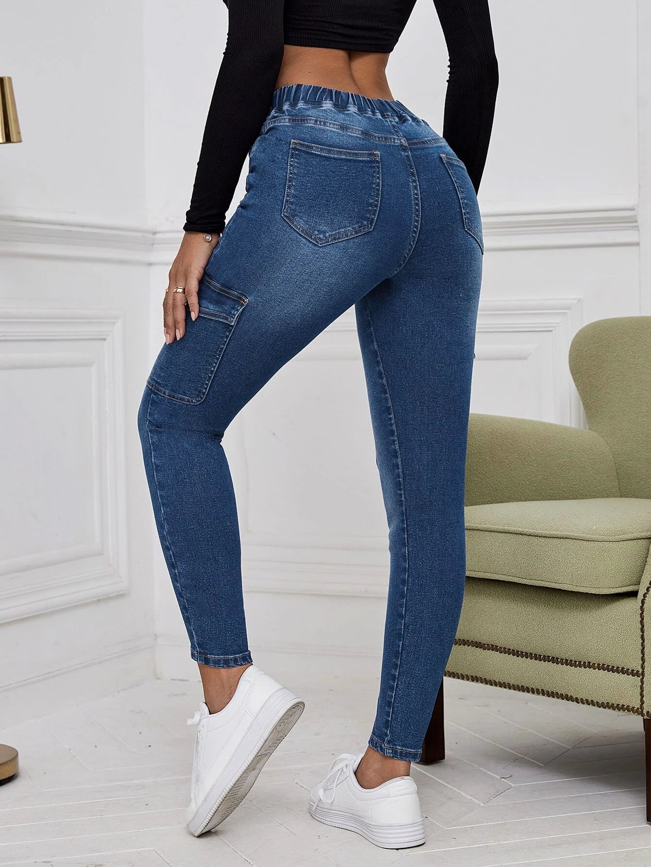 Drawstring Waist Flap Pocket Cargo Jeans in Black #ns-4 – lifestyle view 18