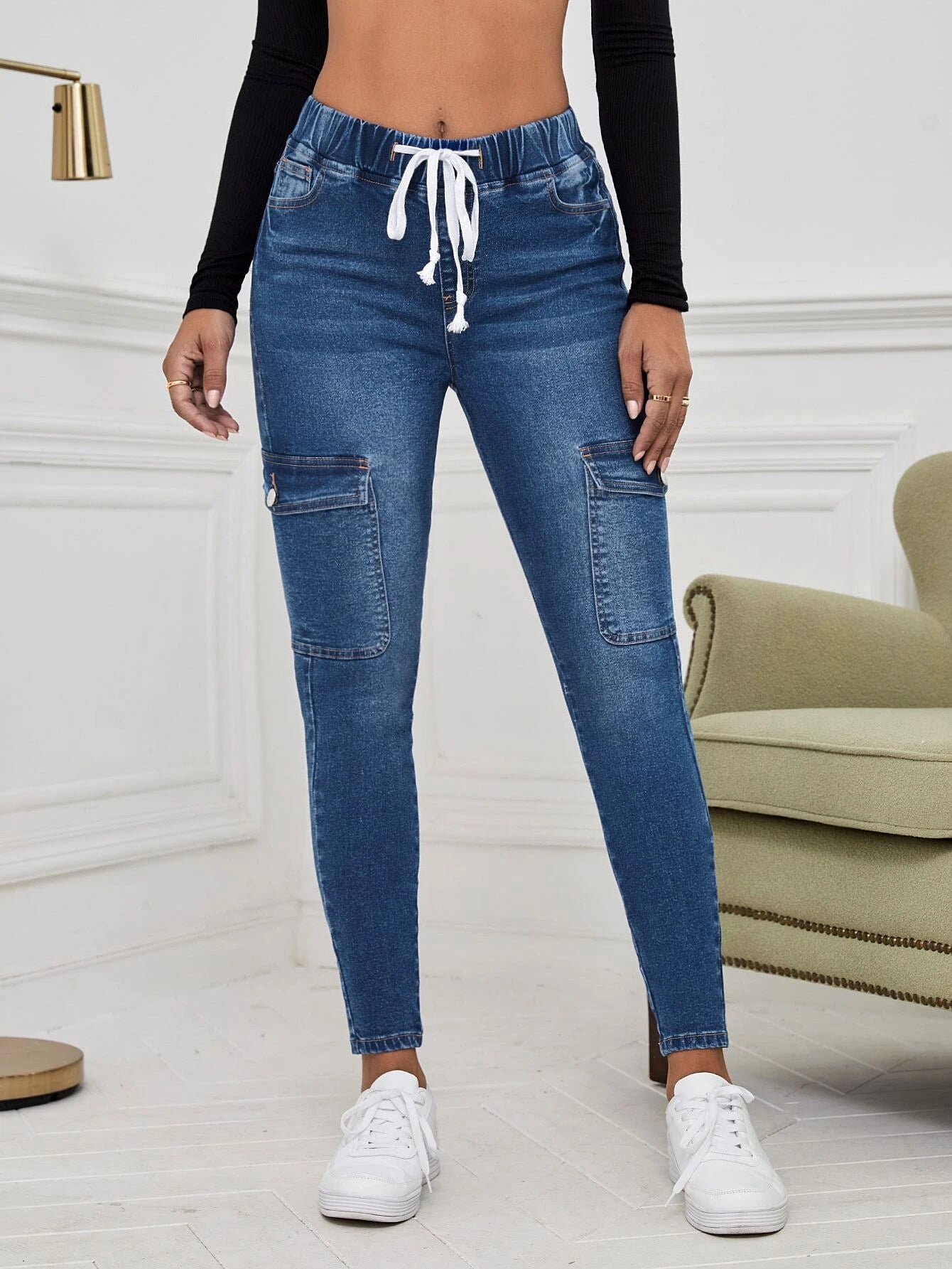 Drawstring Waist Flap Pocket Cargo Jeans in Black #ns-4 – lifestyle view 20