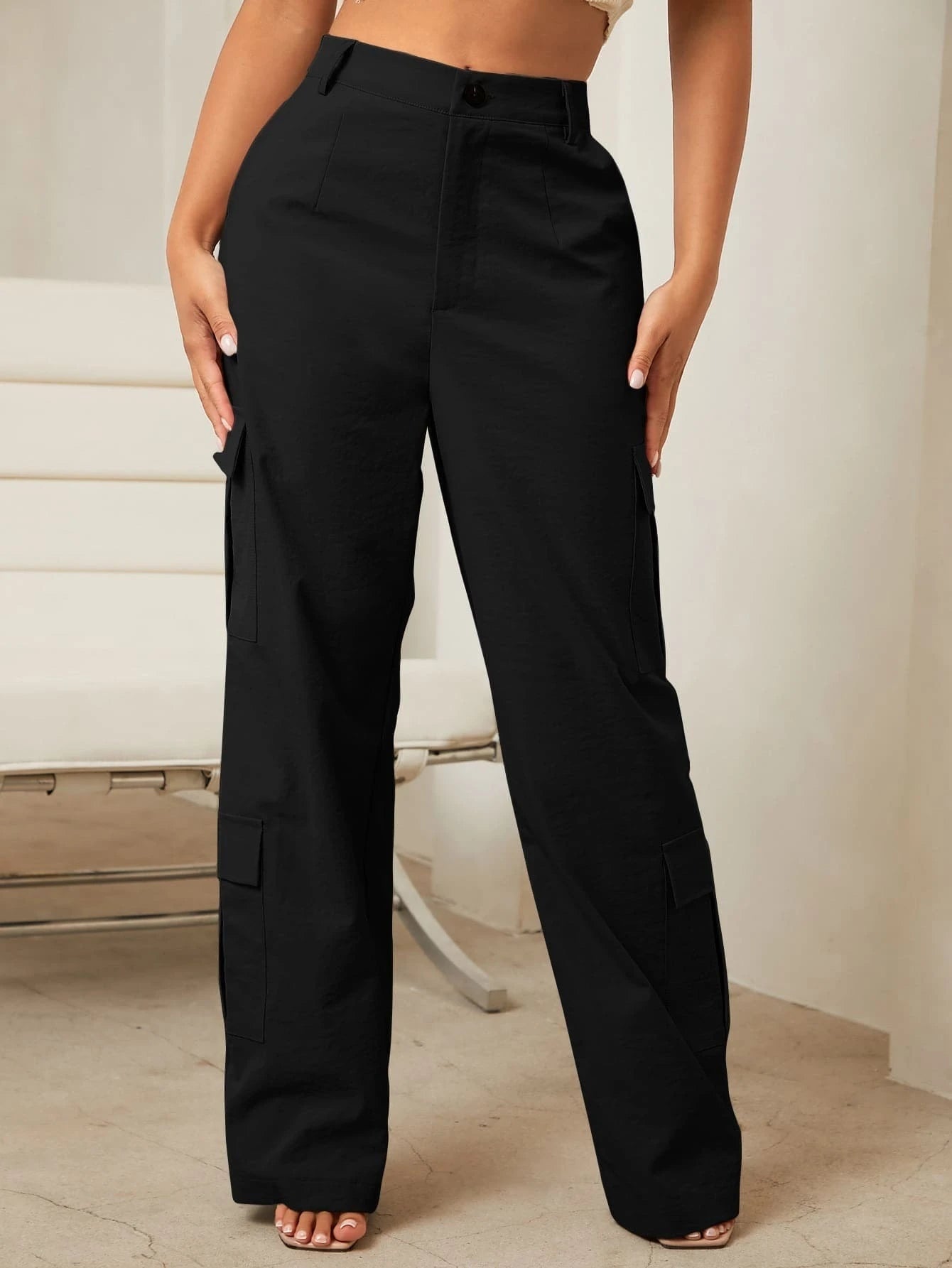 High Rise Pocket Zipper Side Cargo Pant – side profile view