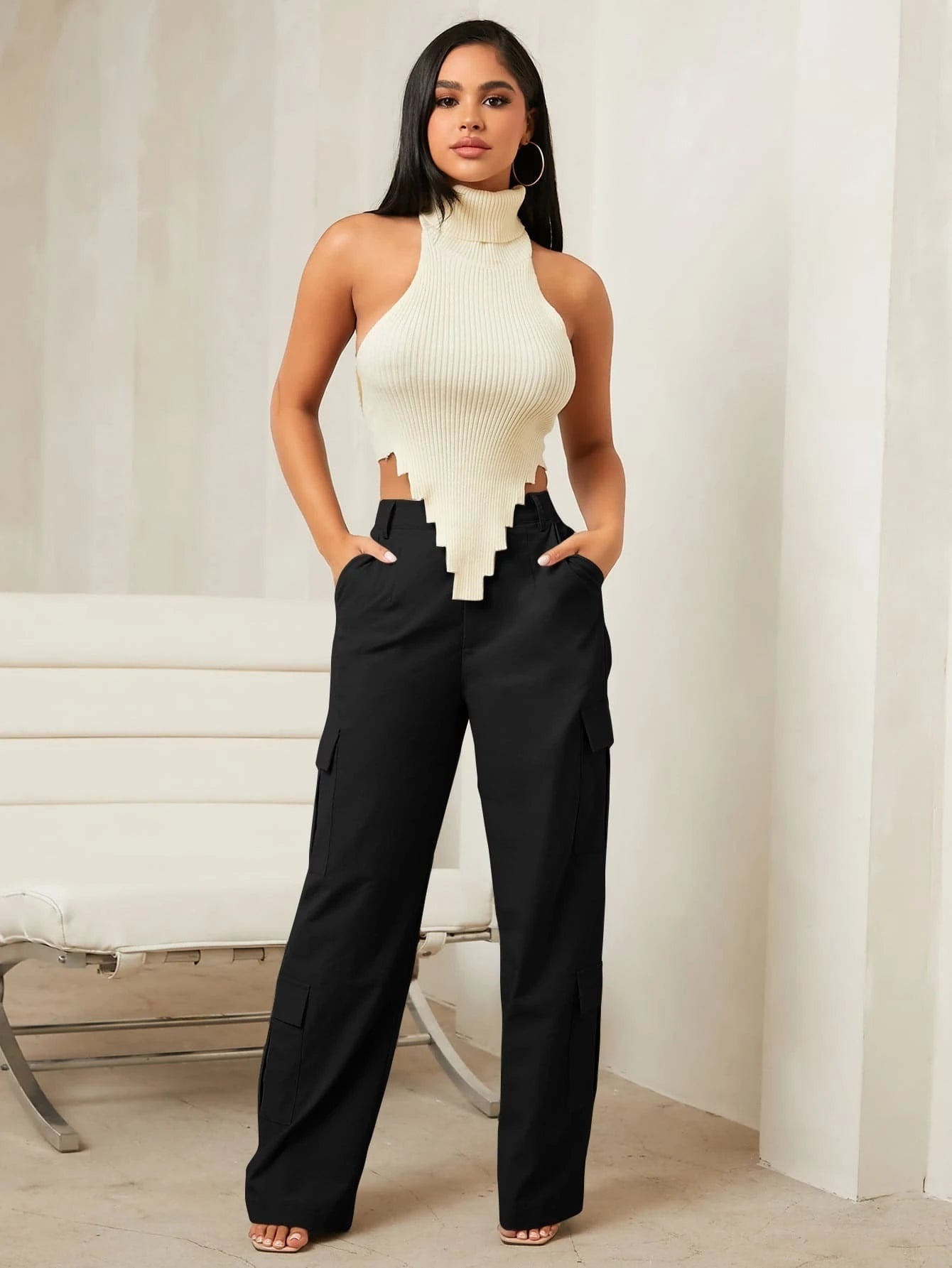 High Rise Pocket Zipper Side Cargo Pant – women's cargo pants front view