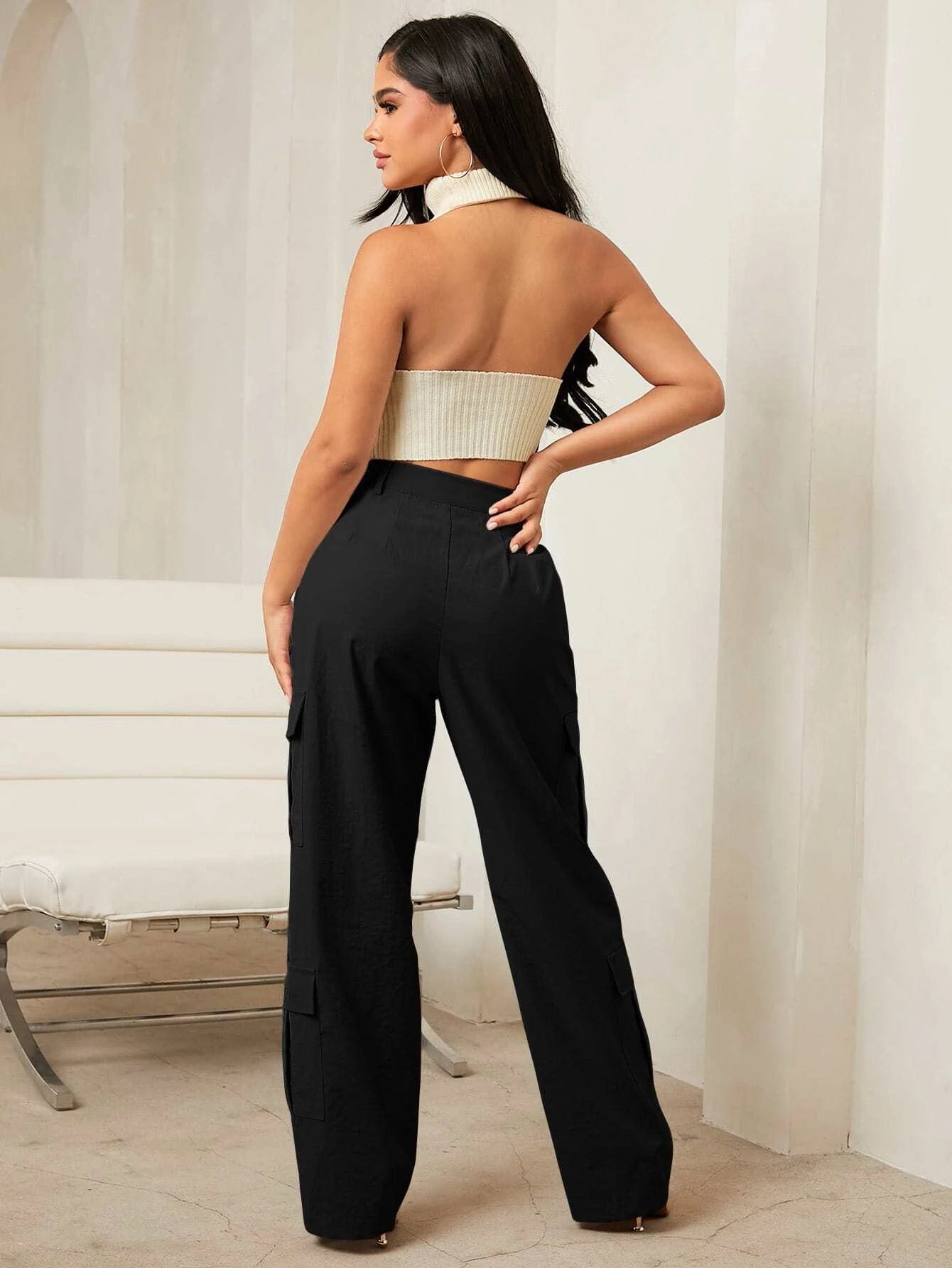 High Rise Pocket Zipper Side Cargo Pant – waistband detail