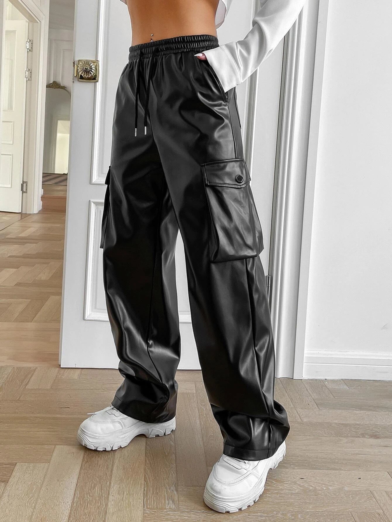 Drawstring Waist Flap Pocket Side Cargo Pants Pu – pocket detail close-up