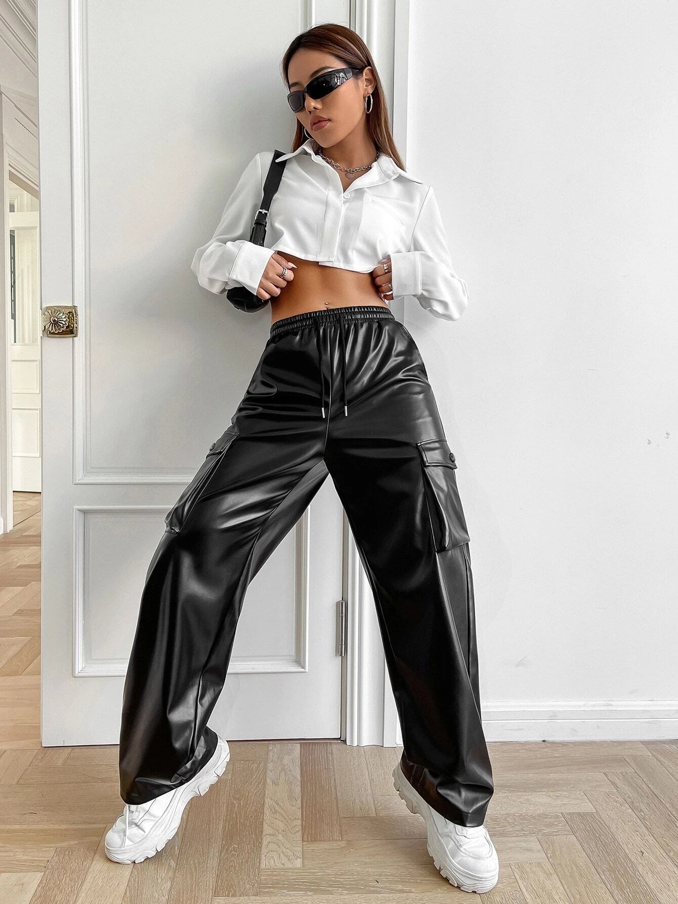 Drawstring Waist Flap Pocket Side Cargo Pants Pu – waistband detail