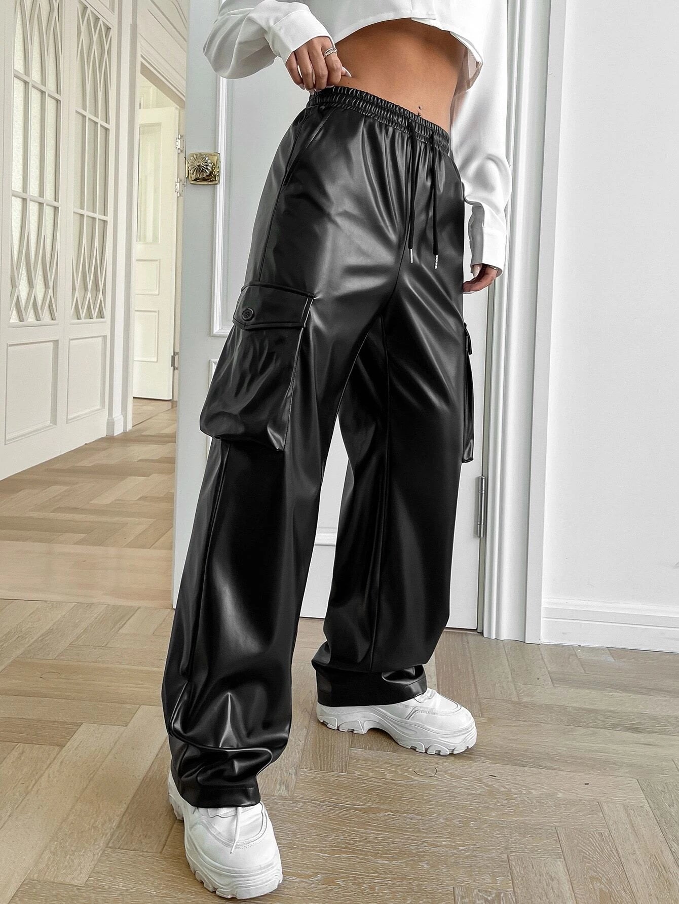Drawstring Waist Flap Pocket Side Cargo Pants Pu – side profile view
