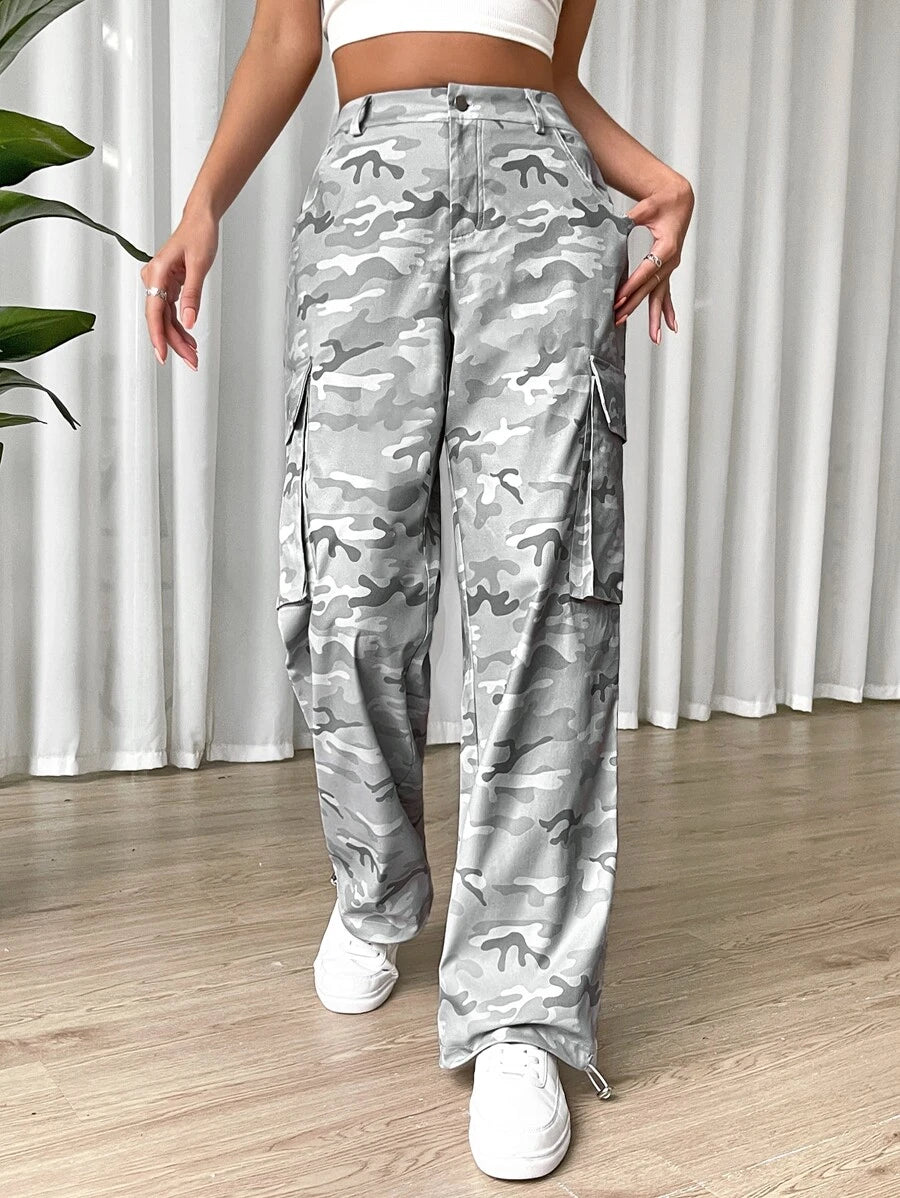 Flap Side Pocket Camo Print Cargo Pants – lifestyle view 11