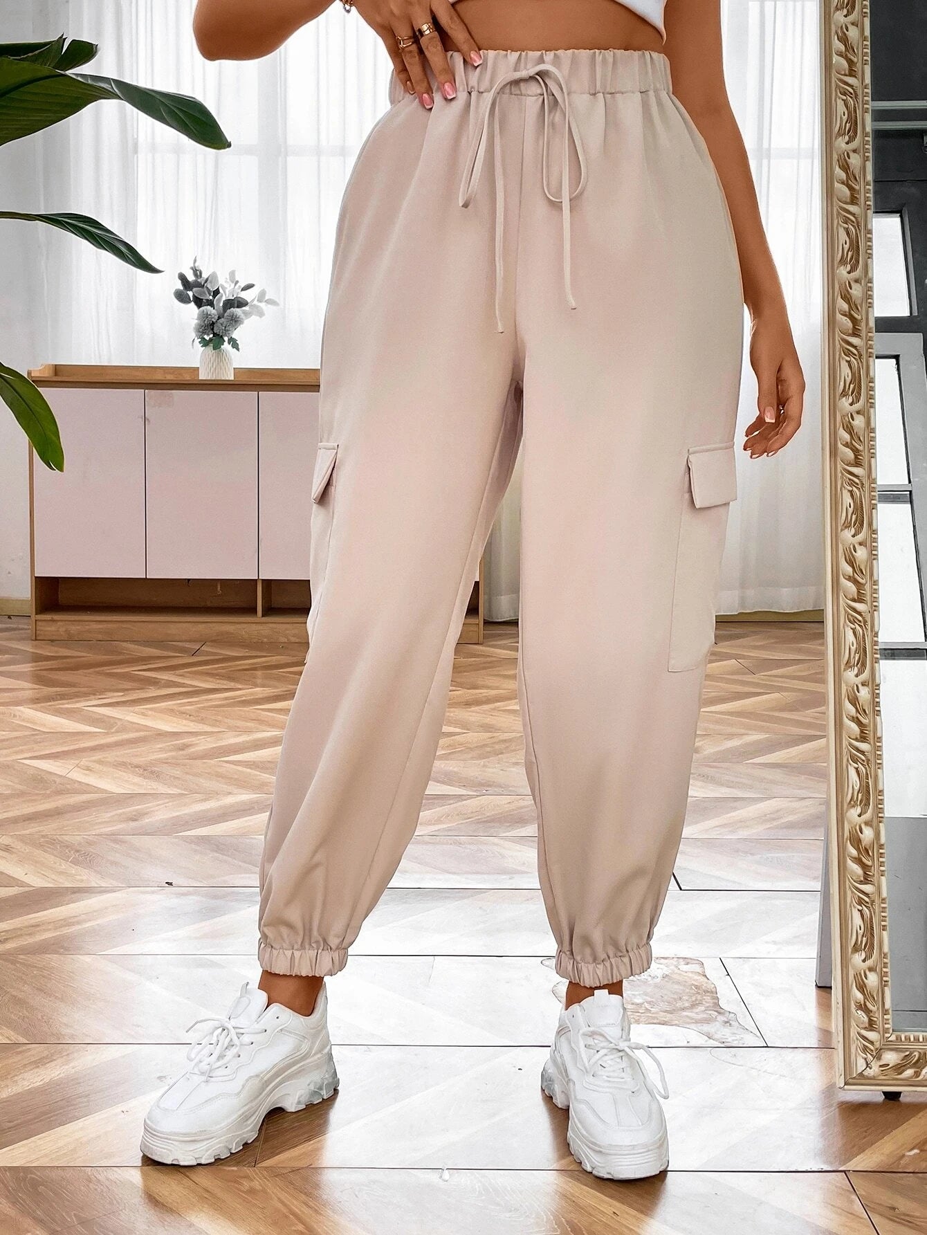 Flap Pocket Side Tie Front Cargo Pants – side profile view