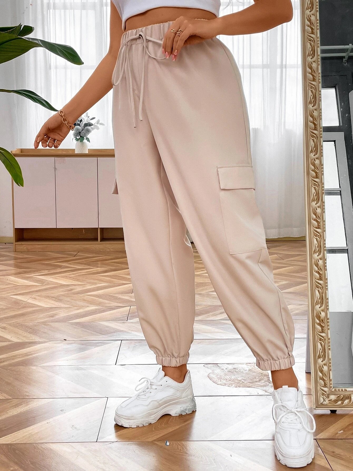 Flap Pocket Tie Waist Cargo Pants – model wearing view