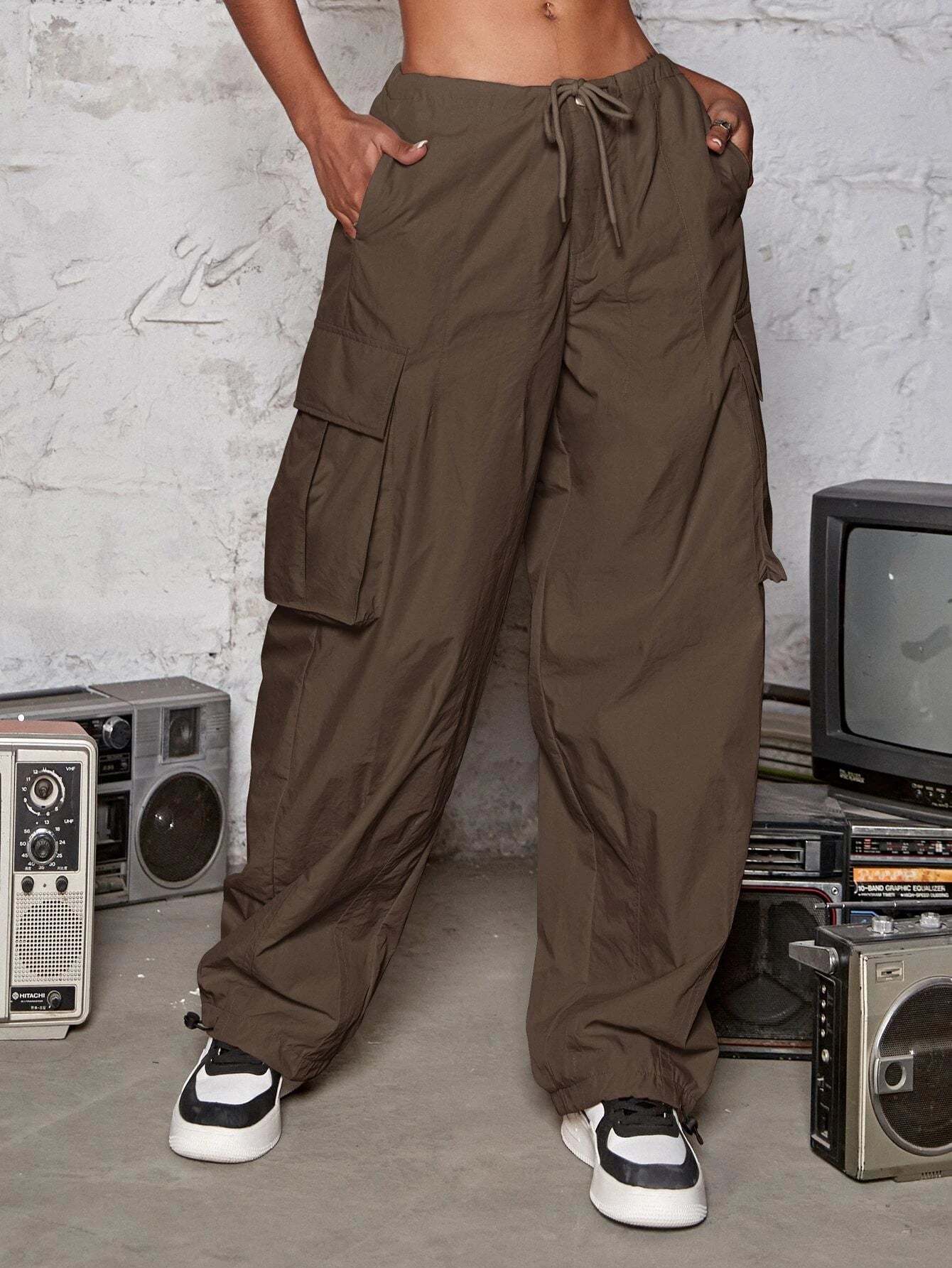 Drawstring Waist Wide Leg Parachute Cargo Jogger Pants