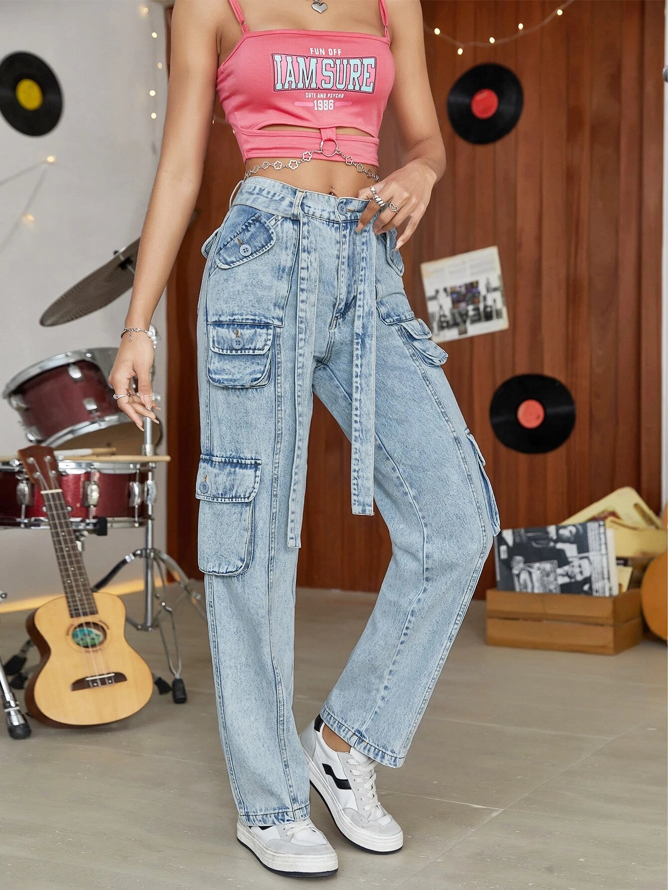 Camo Print Flap Pocket Belted Cargo Jean – lifestyle view 11