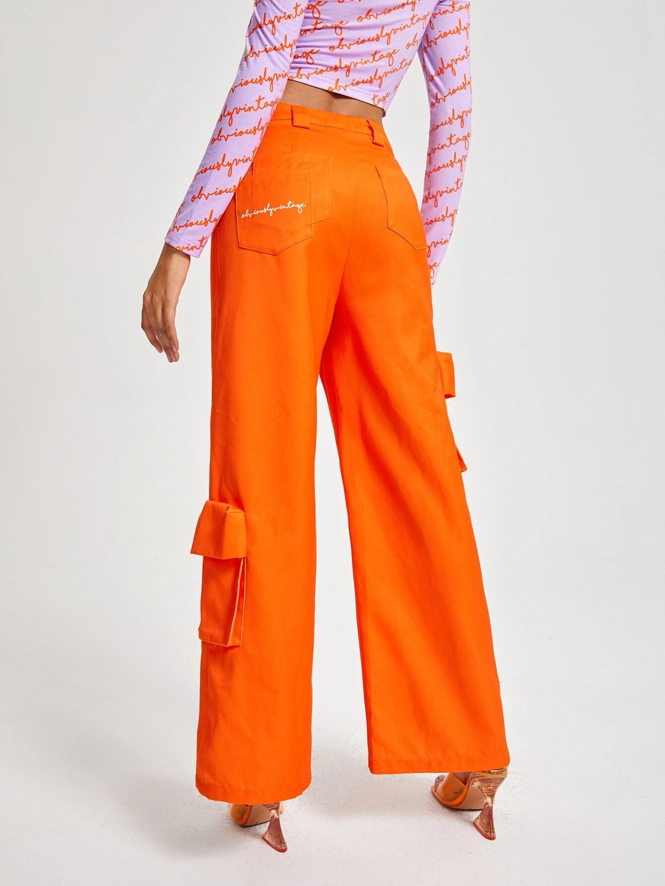 Letter Graphic Flap Pocket Side Wide Leg Pants – side profile view