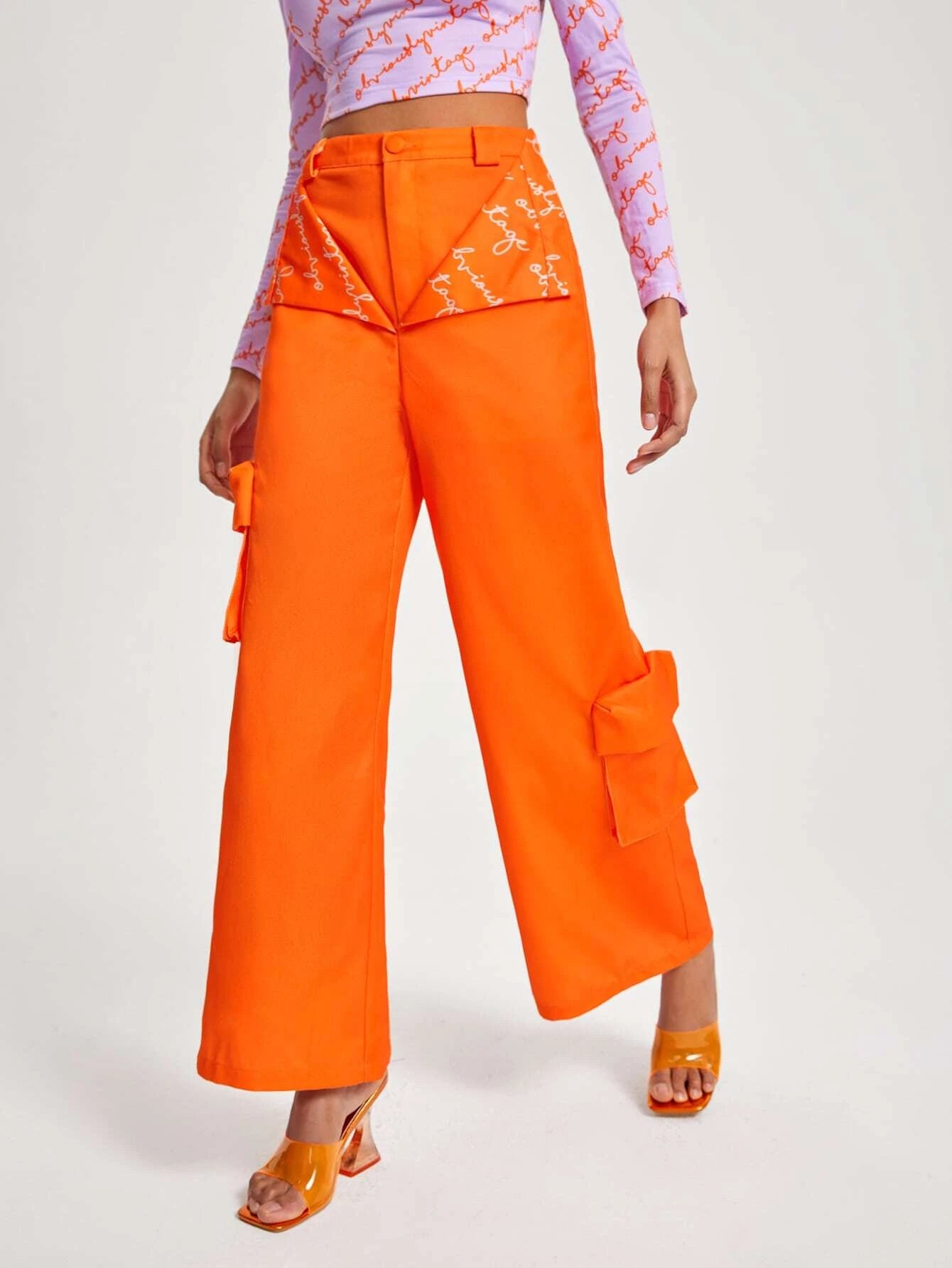Letter Graphic Flap Pocket Side Wide Leg Pants – back view detail