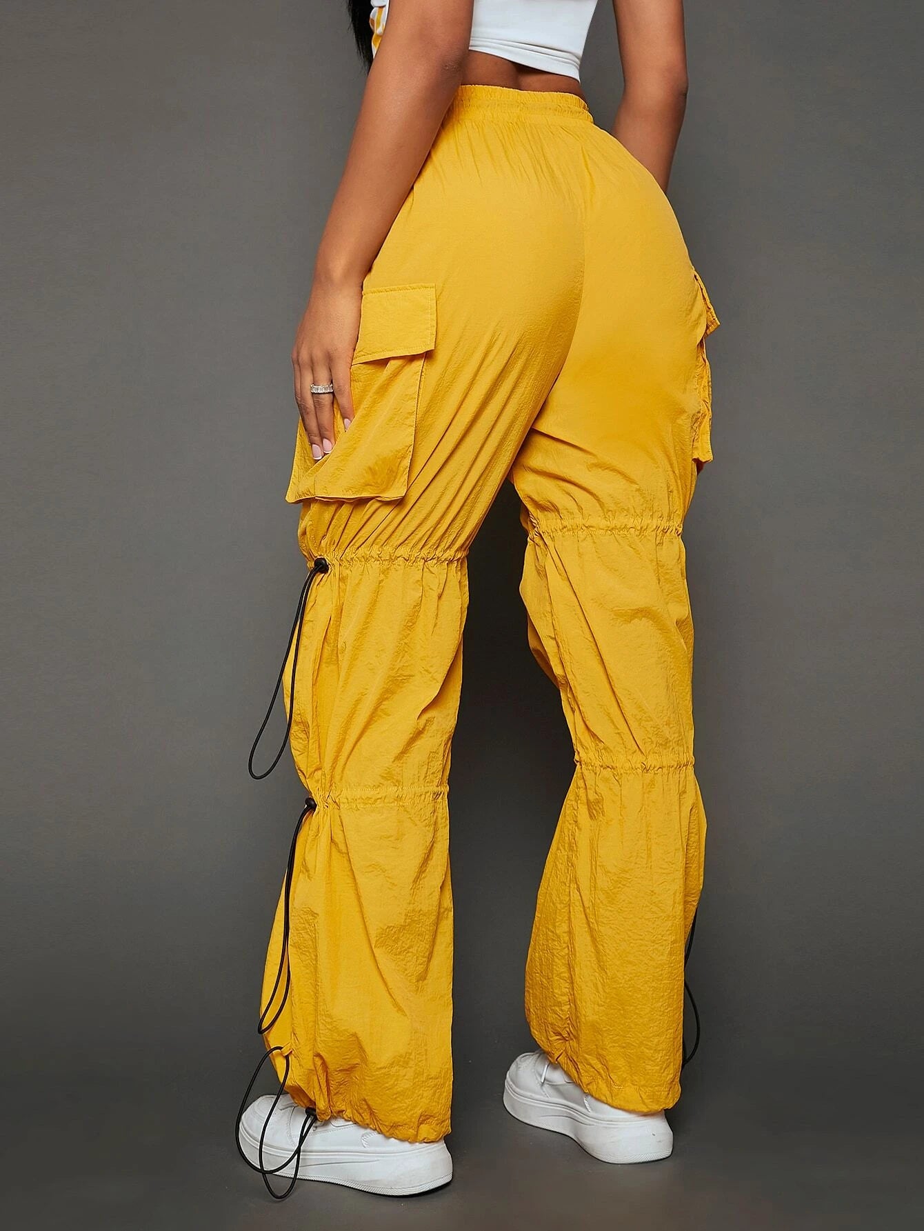 Drawstring Waist Flap Pocket Side Cargo Pants – back view detail