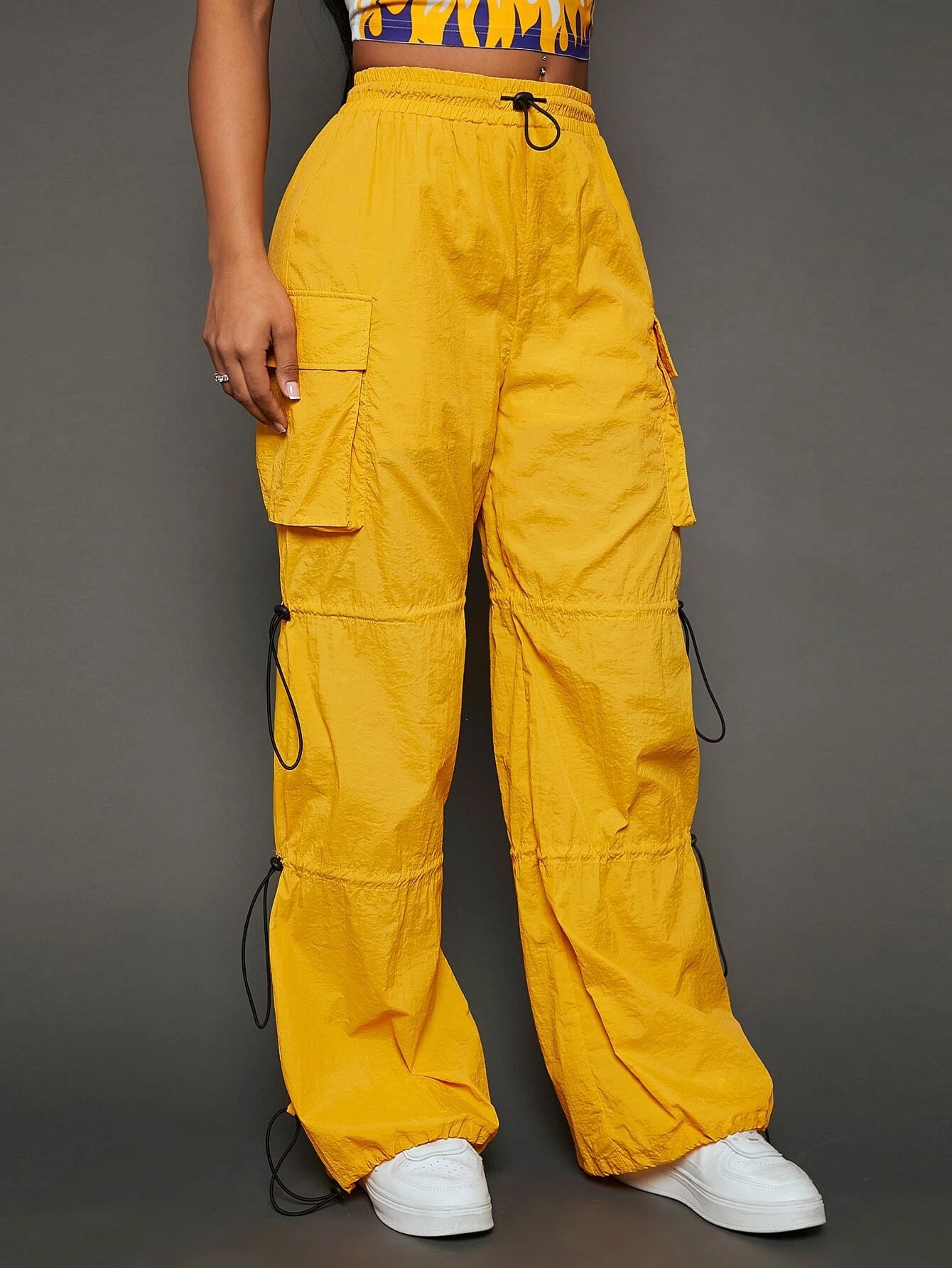 Drawstring Waist Flap Pocket Side Cargo Pants – waistband detail