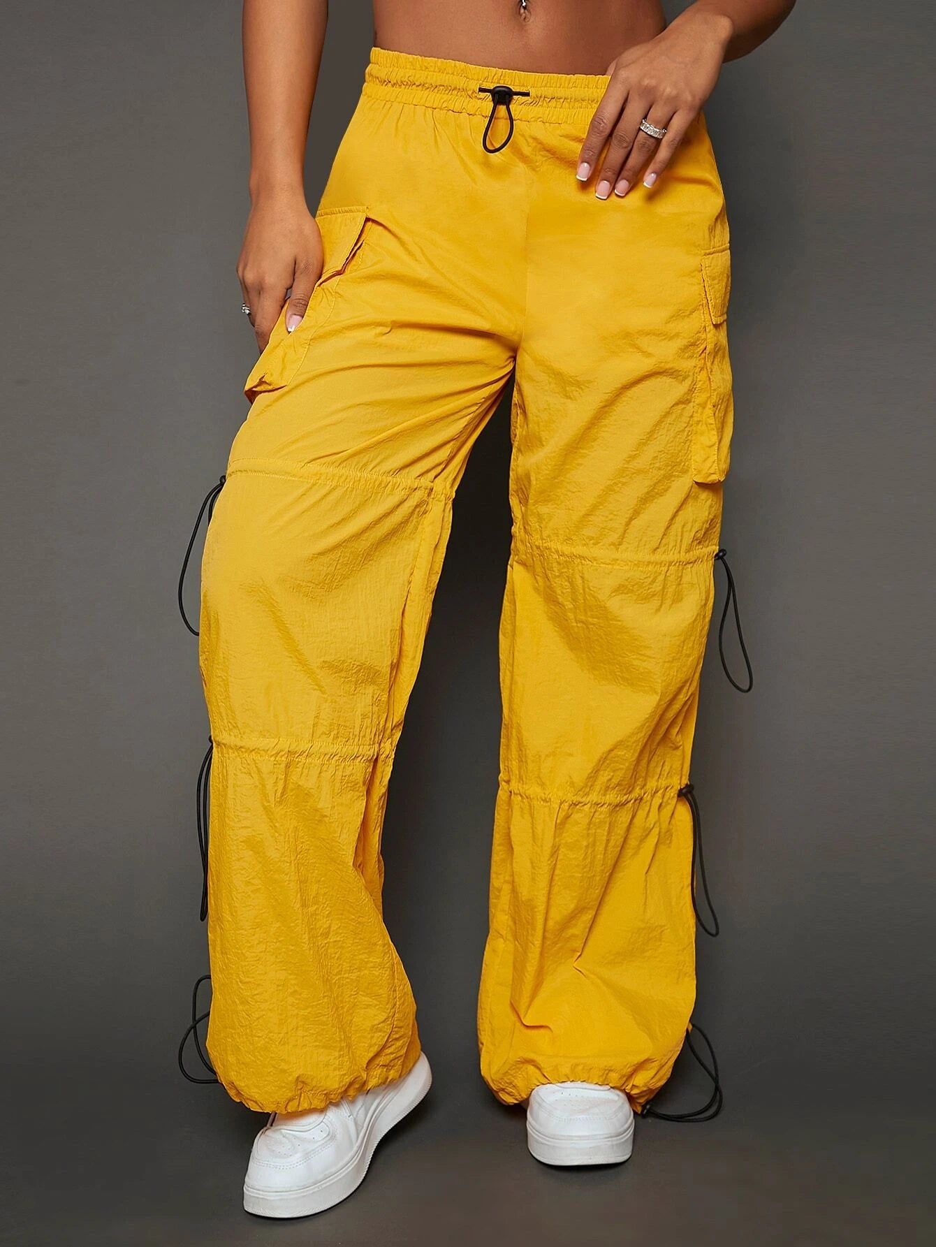Drawstring Waist Flap Pocket Side Cargo Pants – side profile view