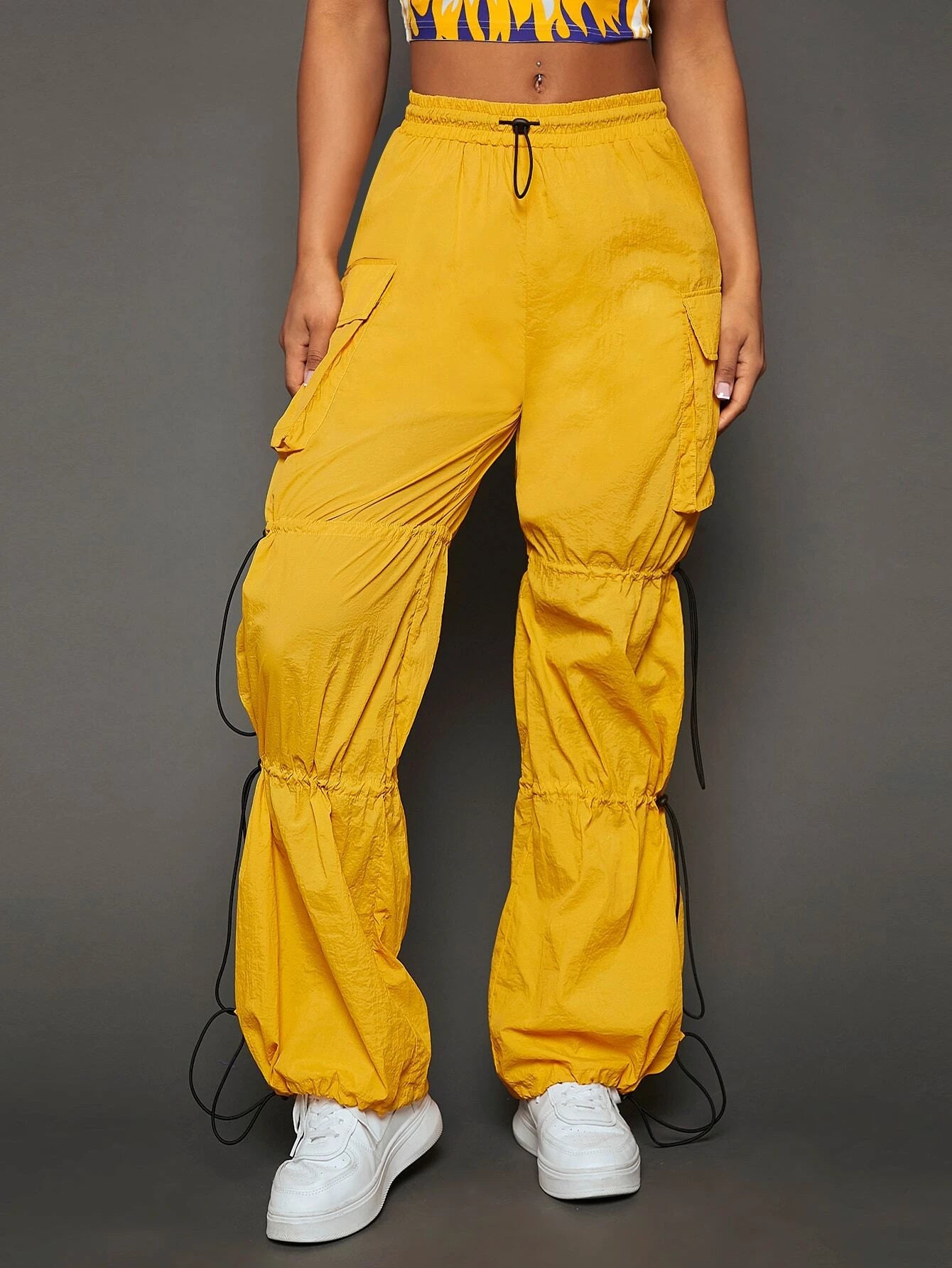 Drawstring Waist Flap Pocket Side Cargo Pants – full length outfit view