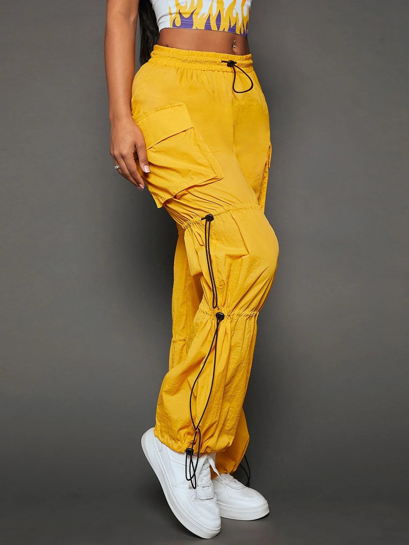 Drawstring Waist Flap Pocket Side Cargo Pants – styled outfit view
