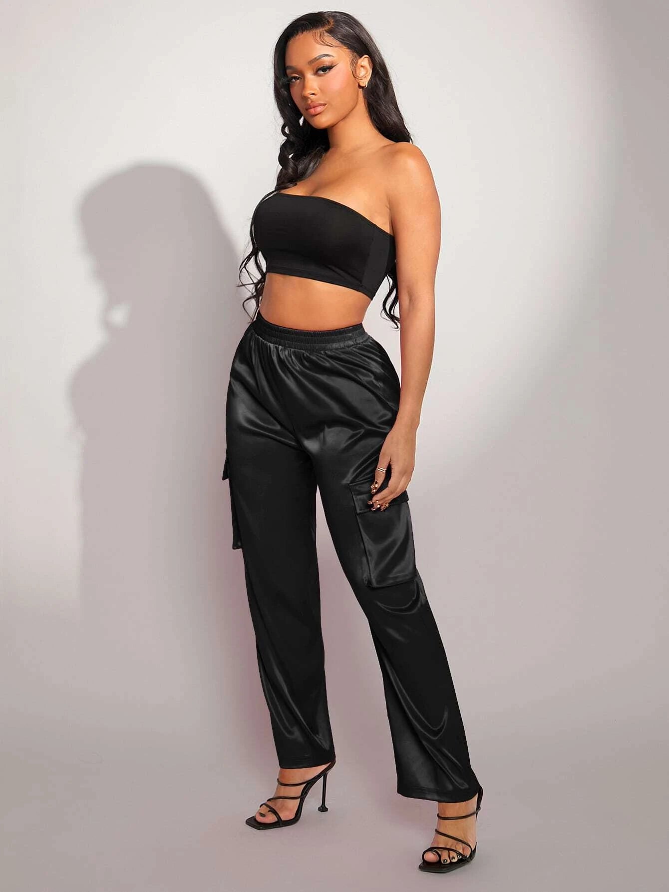 Drawstring Waist Satin Pants – pocket detail close-up