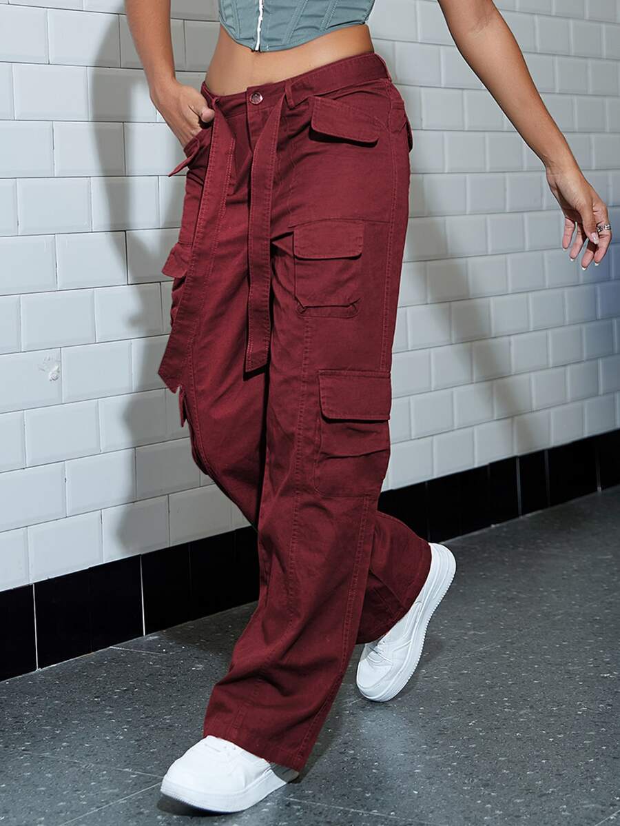 Solid Color Belted Cargo Pants – full length outfit view