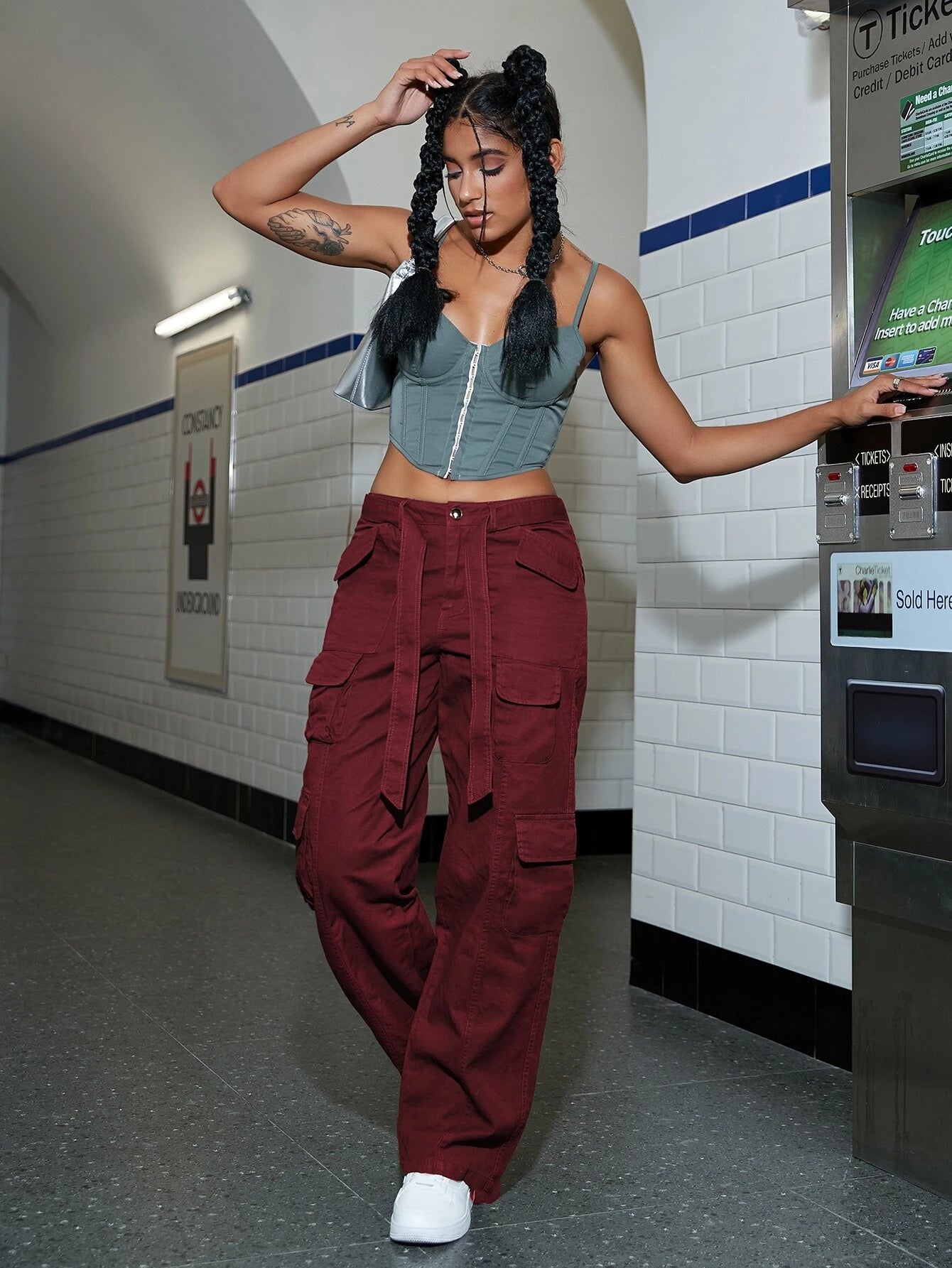 Solid Colored Belted Cargo PantsSolid Colored Belted Cargo Pants - Image 8