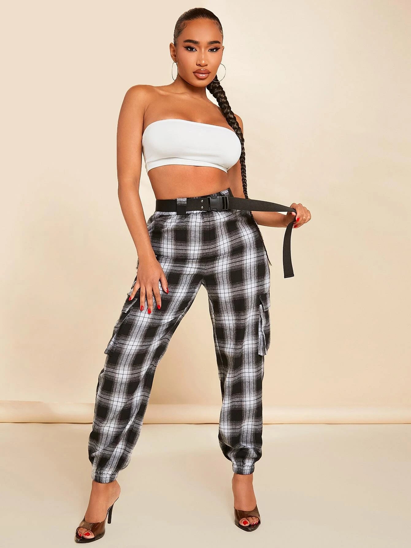 Plaid Print Buckle Belted Cargo Pants – side profile view