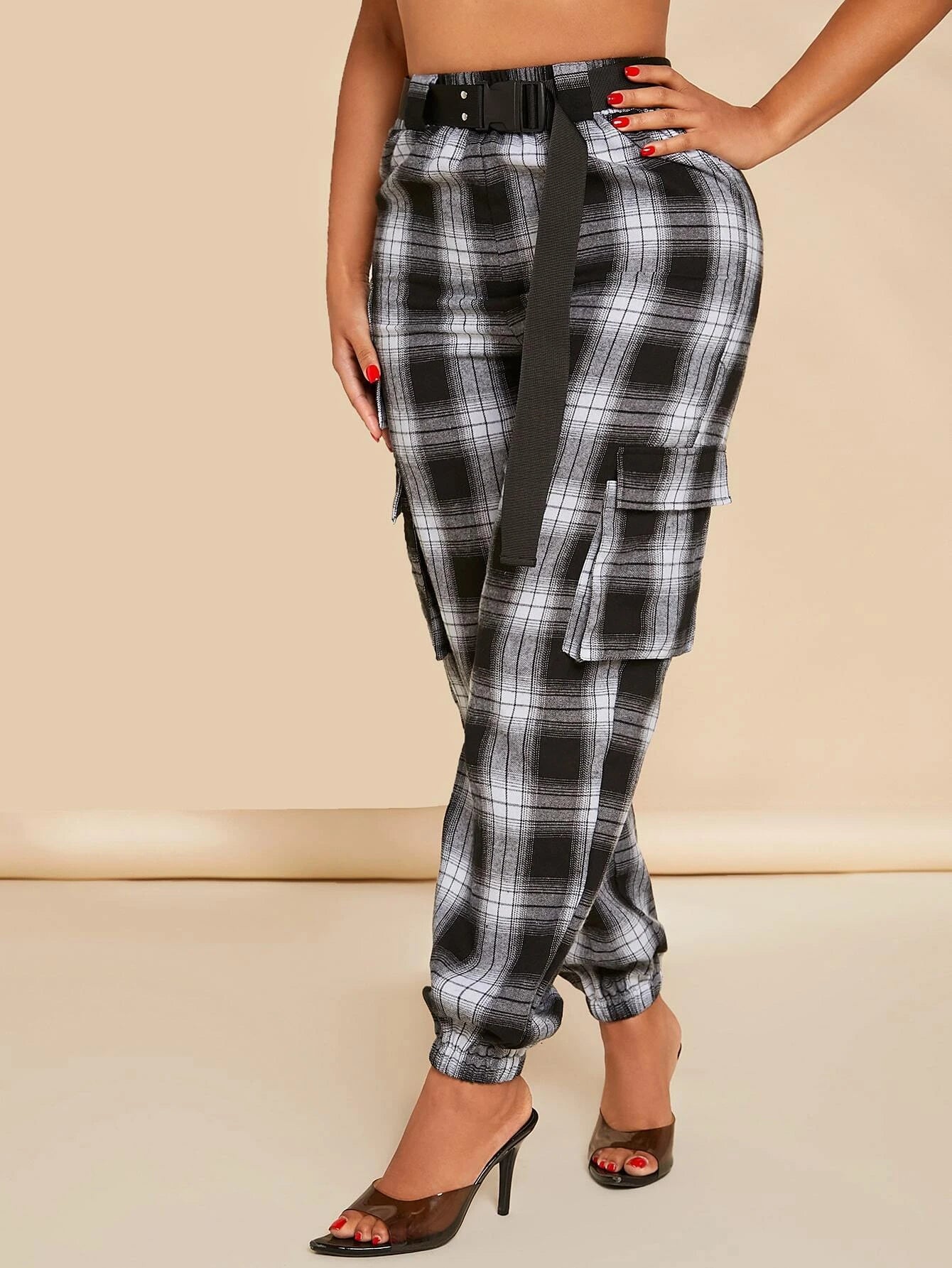 Plaid Print Buckle Belted Cargo Pants – women's cargo pants front view