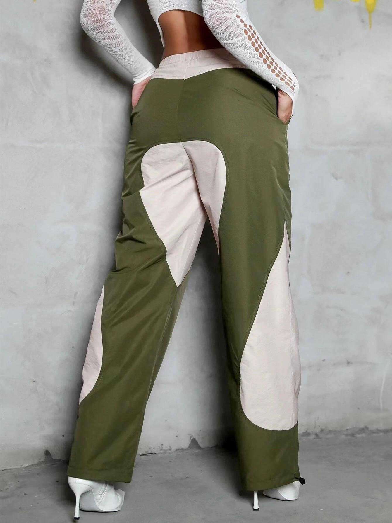Two Tone Slant Pocket Drawstring Cargo Pants – side profile view