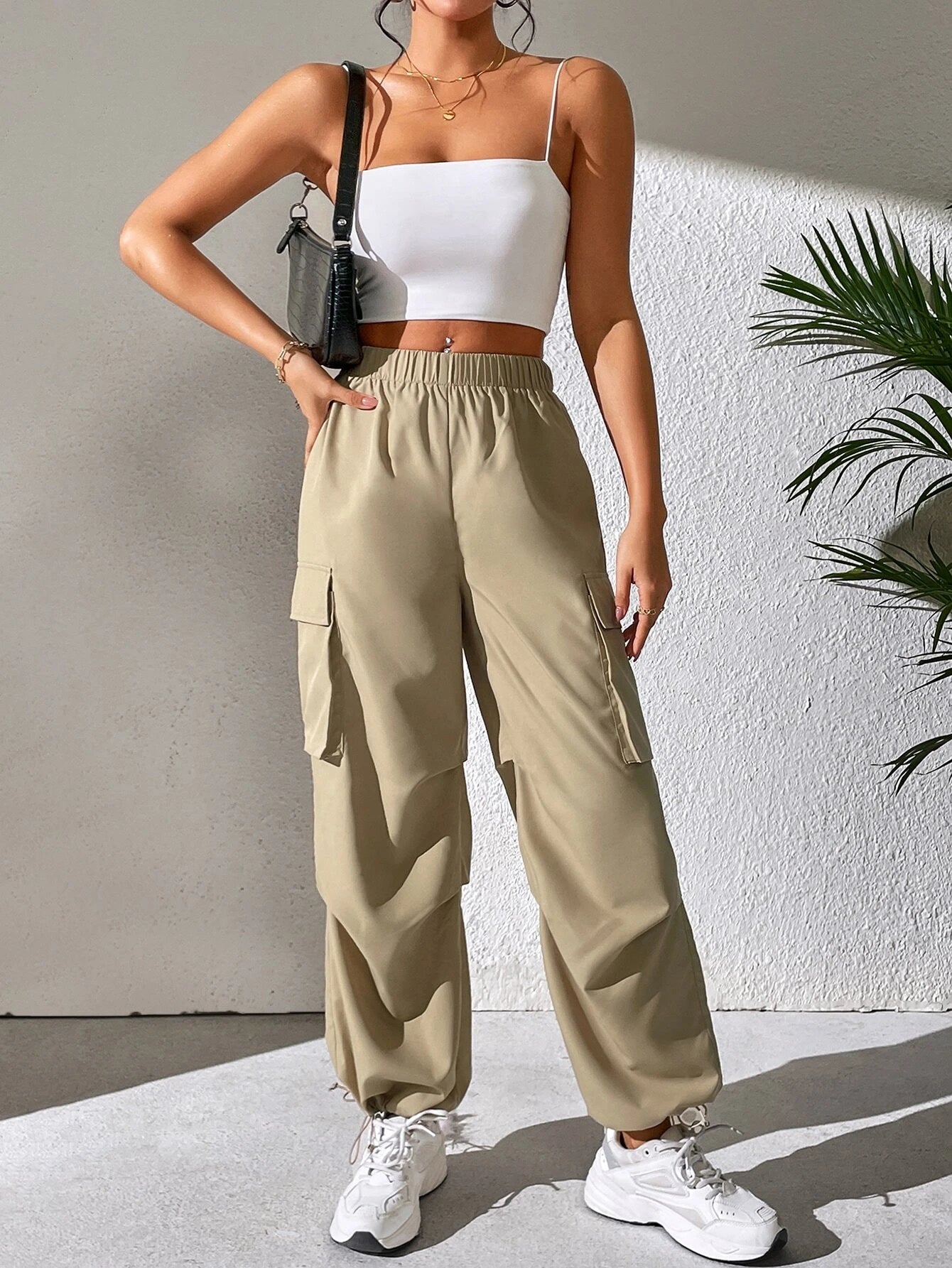 Flap Pocket Side Drawstring Hem Cargo Pants in Black #ts-5 – waistband detail