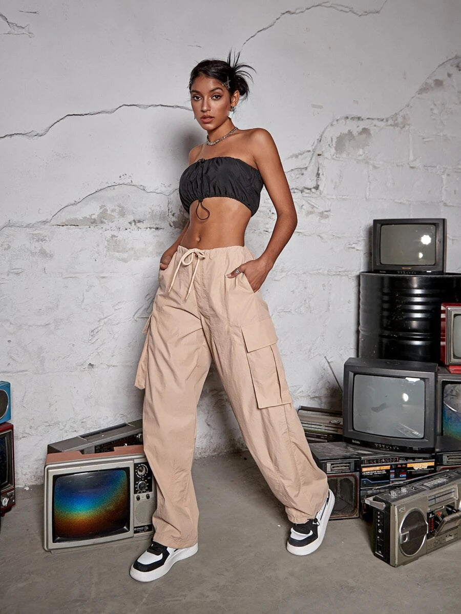 Drawstring Waist Wide Leg Parachute Cargo Jogger Pants