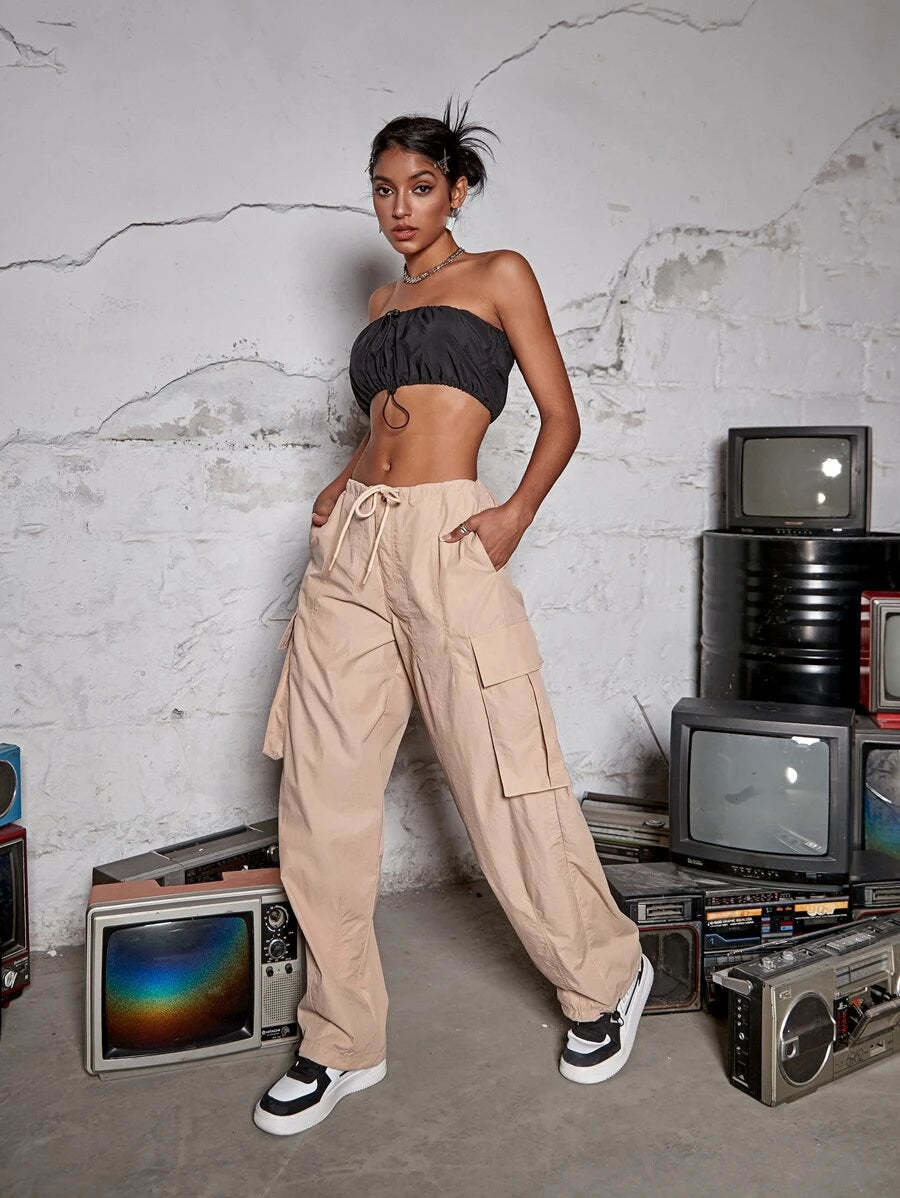 Drawstring Waist Wide Leg Parachute Cargo Jogger Pants