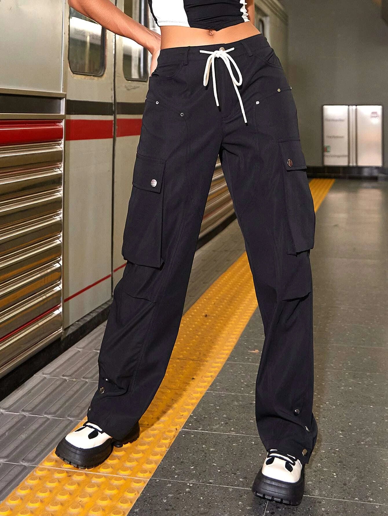 Drawstring Waist Flap Pocket Cargo Pants Style 5 – women's cargo pants front view