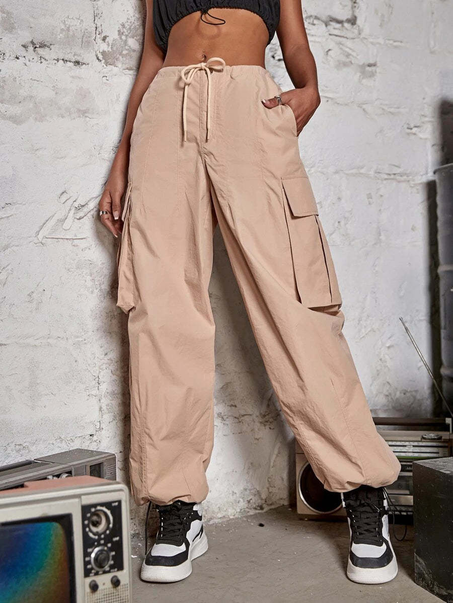 Drawstring Waist Wide Leg Parachute Cargo Jogger Pants