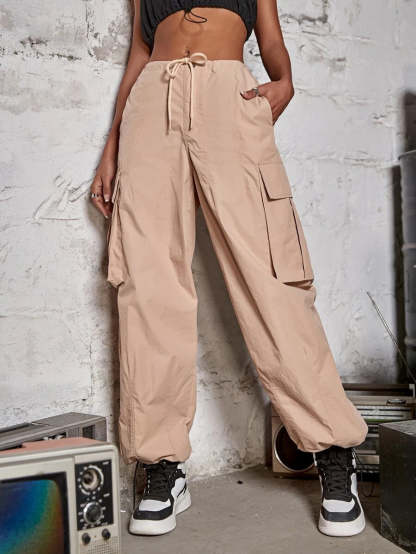 Drawstring Waist Wide Leg Parachute Cargo Jogger Pants