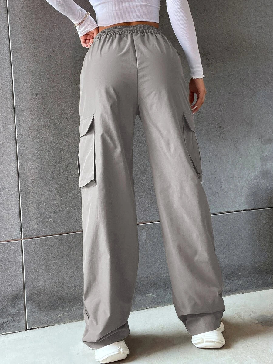 Solid Flap Pocket Side Cargo Pants in Black – lifestyle view 36