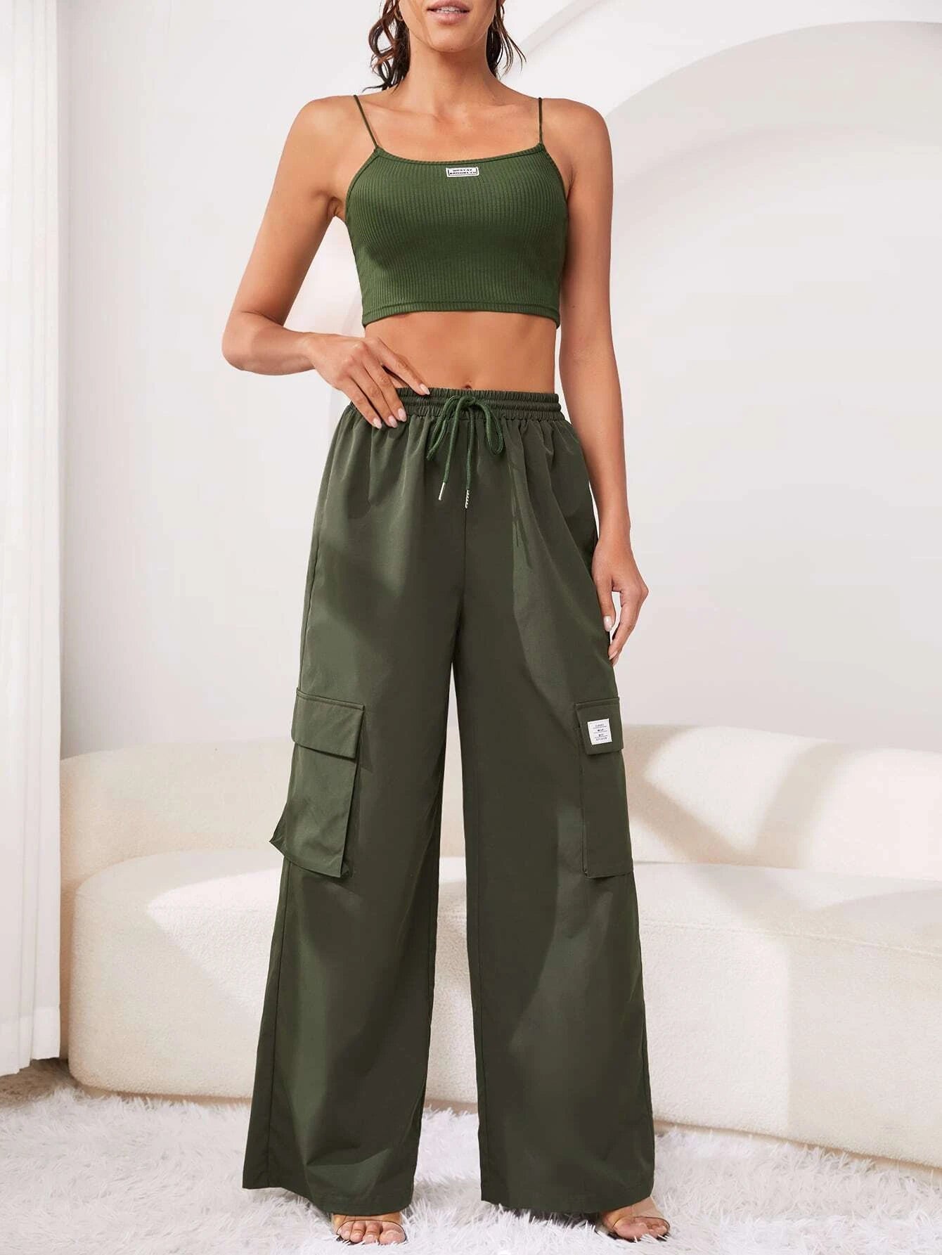 Crop Cami Top And Drawstring Cargo Pants – women's cargo pants front view
