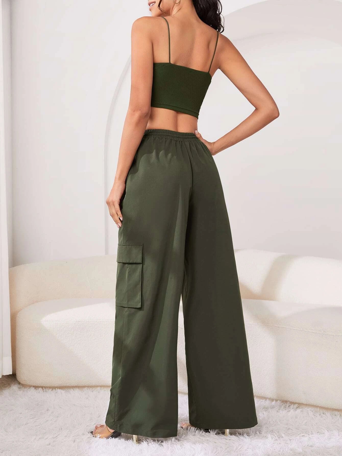 Crop Cami Top And Drawstring Cargo Pants – side profile view