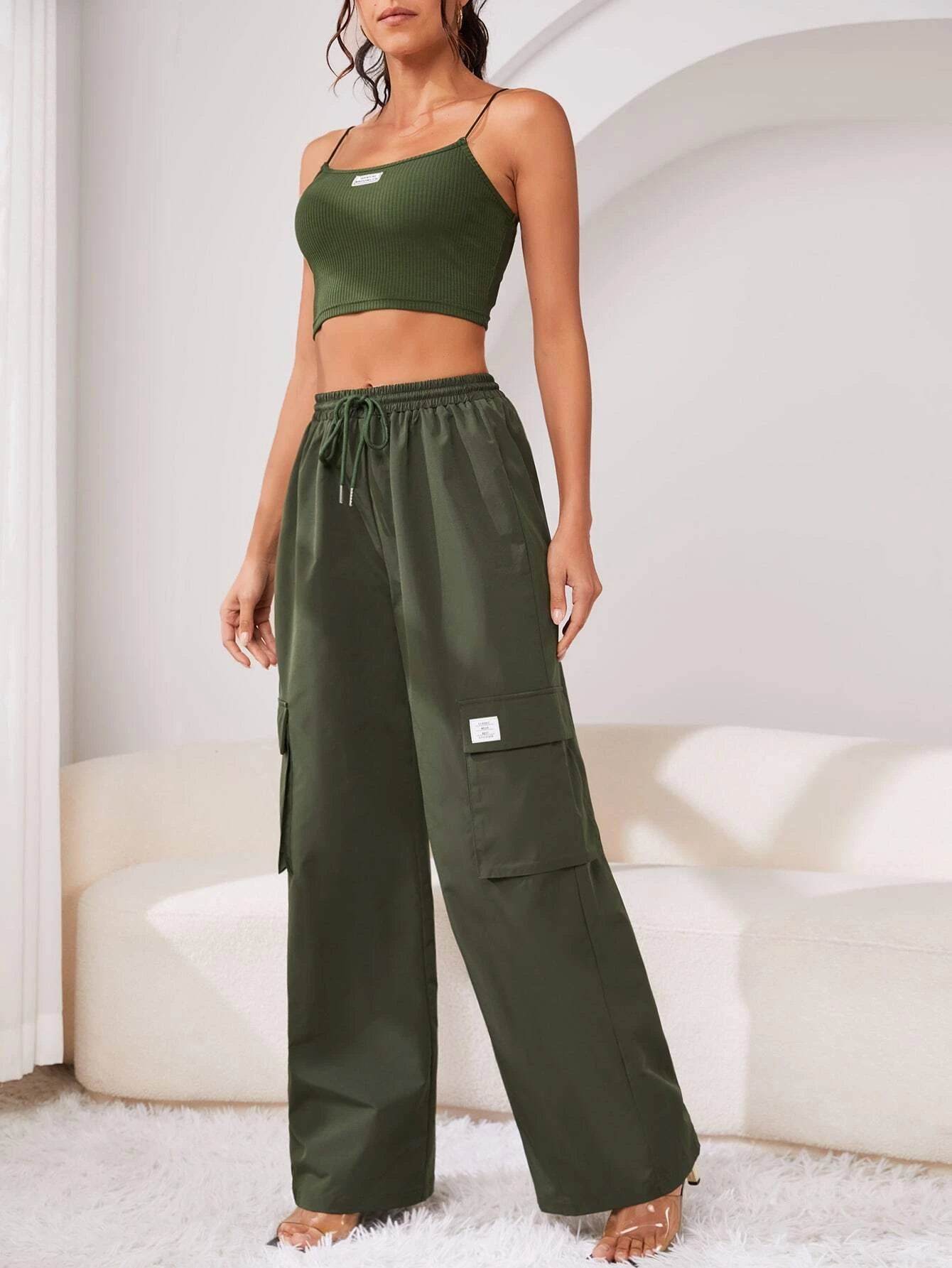 Crop Cami Top And Drawstring Cargo Pants – pocket detail close-up