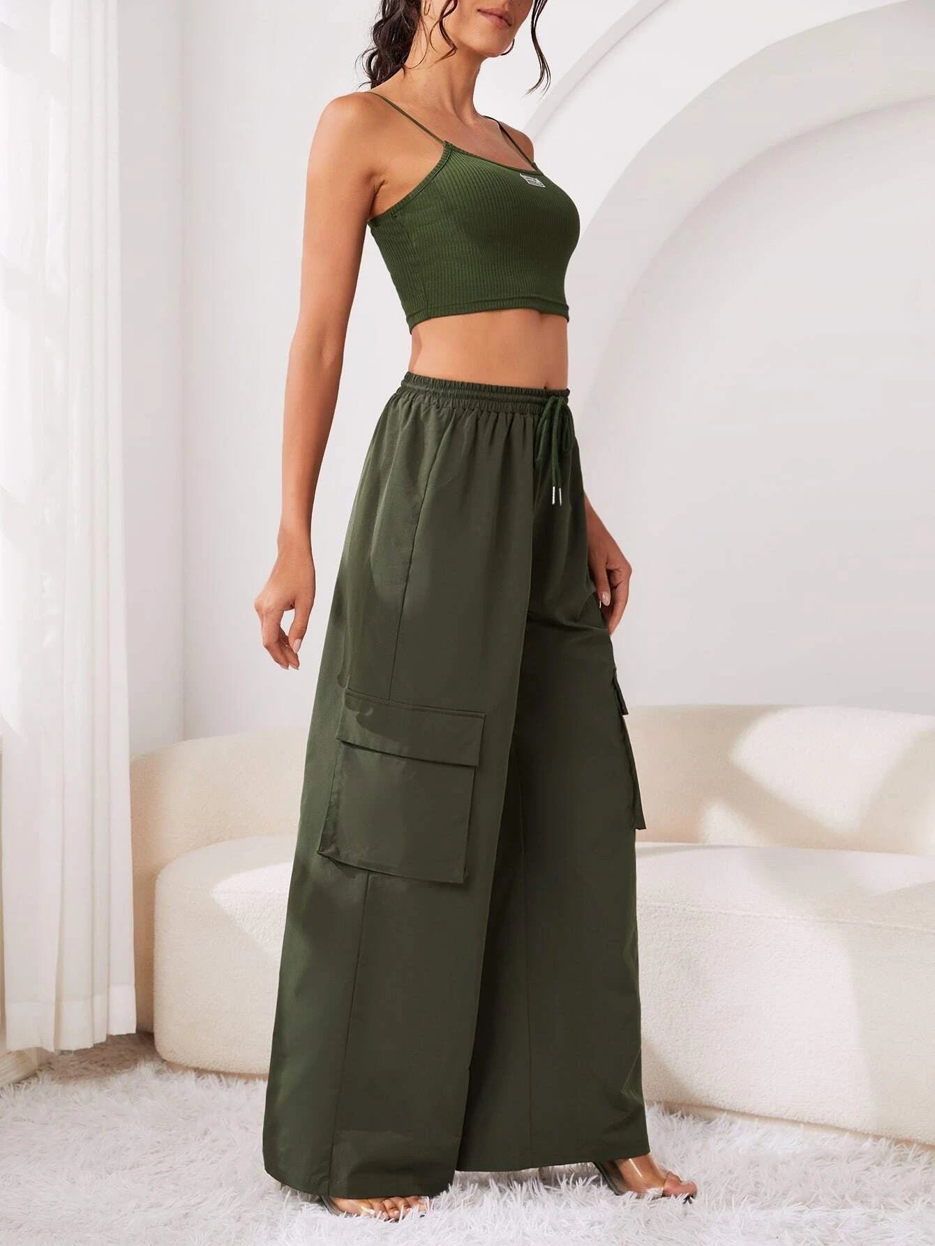 Crop Cami Top And Drawstring Cargo Pants – waistband detail