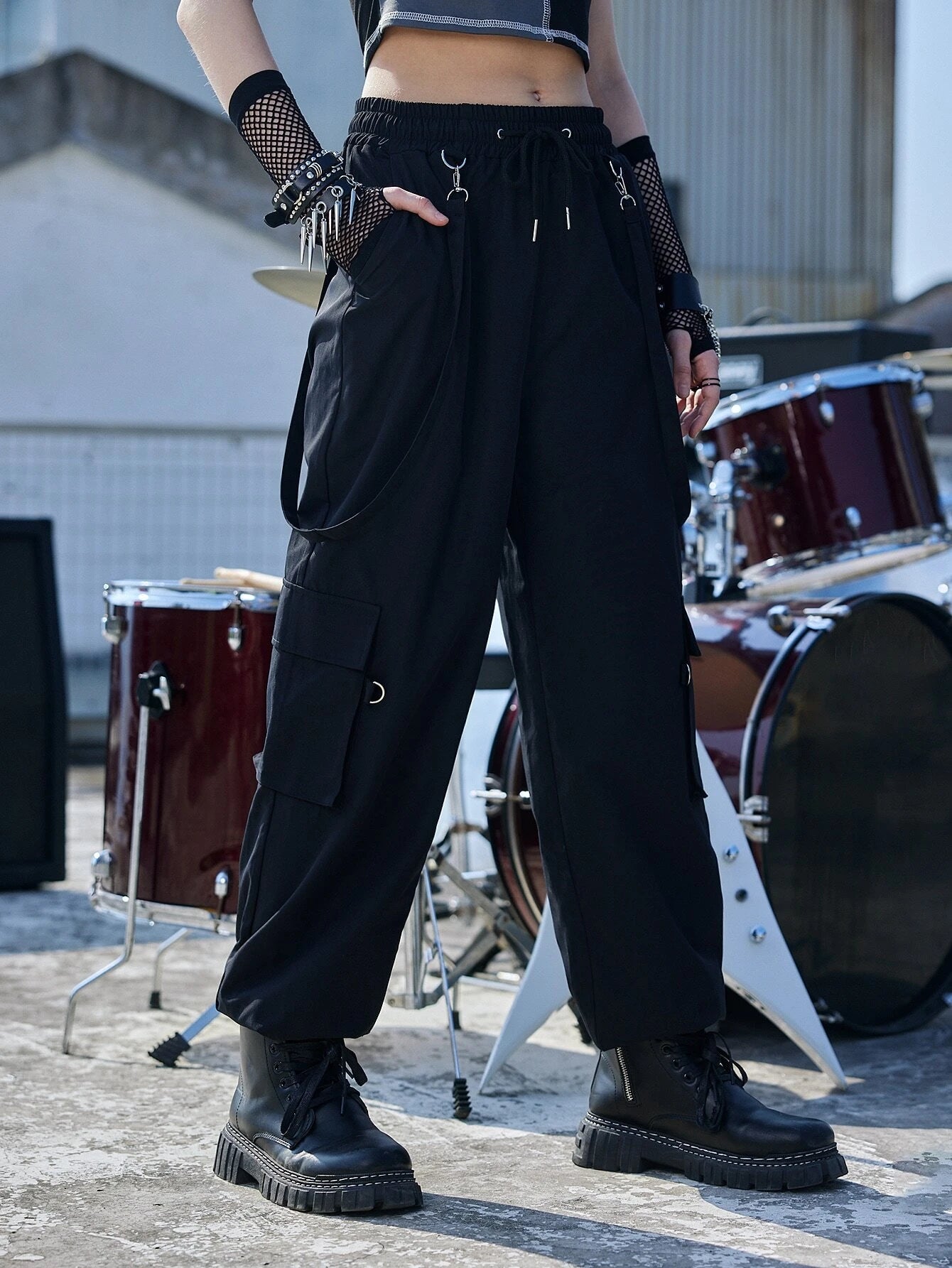 Solid Color Drawstring Black Cargo Pants – pocket detail close-up