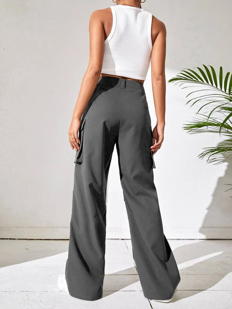 Solid Flap Pocket Side Wide Leg Pants – styled outfit view