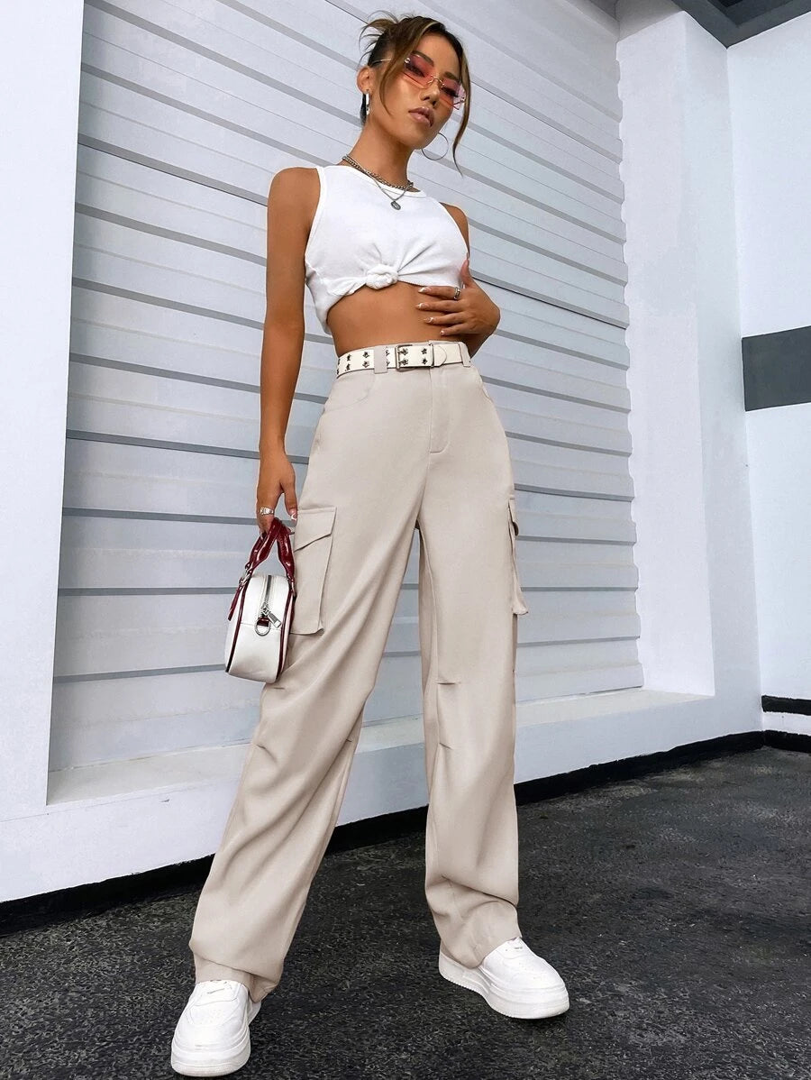 Solid Flap Pocket Side Cargo Pants – lifestyle view 29