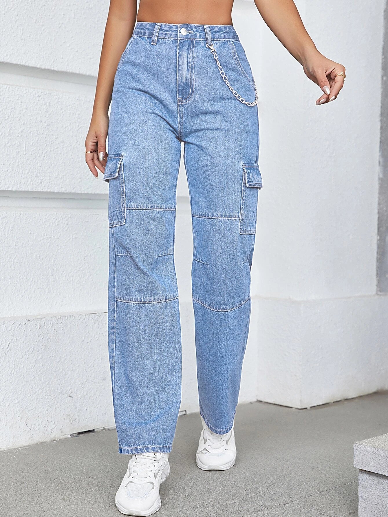 High-Waisted Denim Cargo Pant – fabric detail close-up