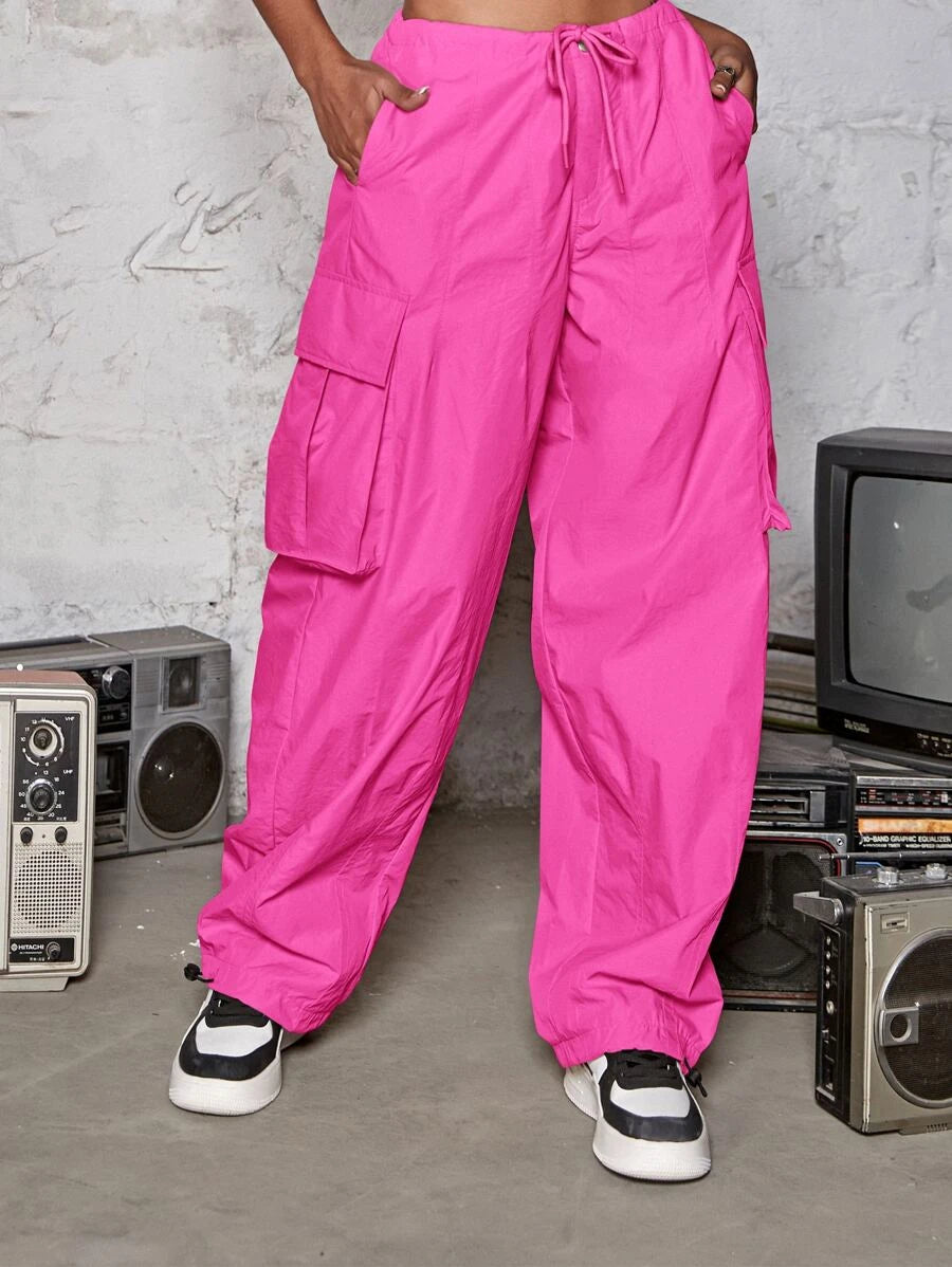 Drawstring Waist Wide Leg Parachute Cargo Jogger Pants