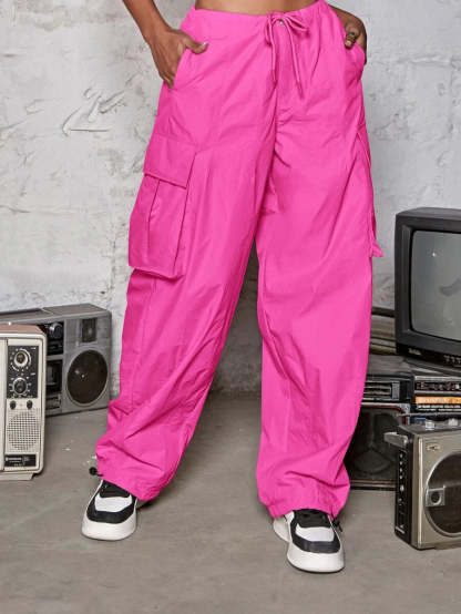 Drawstring Waist Wide Leg Parachute Cargo Jogger Pants
