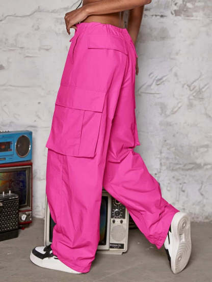 Drawstring Waist Wide Leg Parachute Cargo Jogger Pants