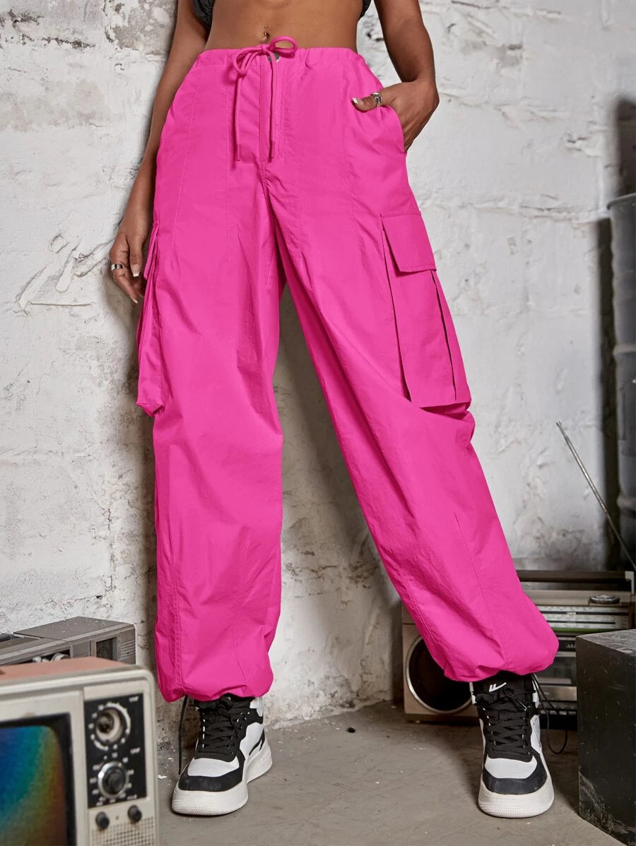 Drawstring Waist Wide Leg Parachute Cargo Jogger PantsDrawstring Waist Wide Leg Parachute Cargo Jogger Pants - Image 37