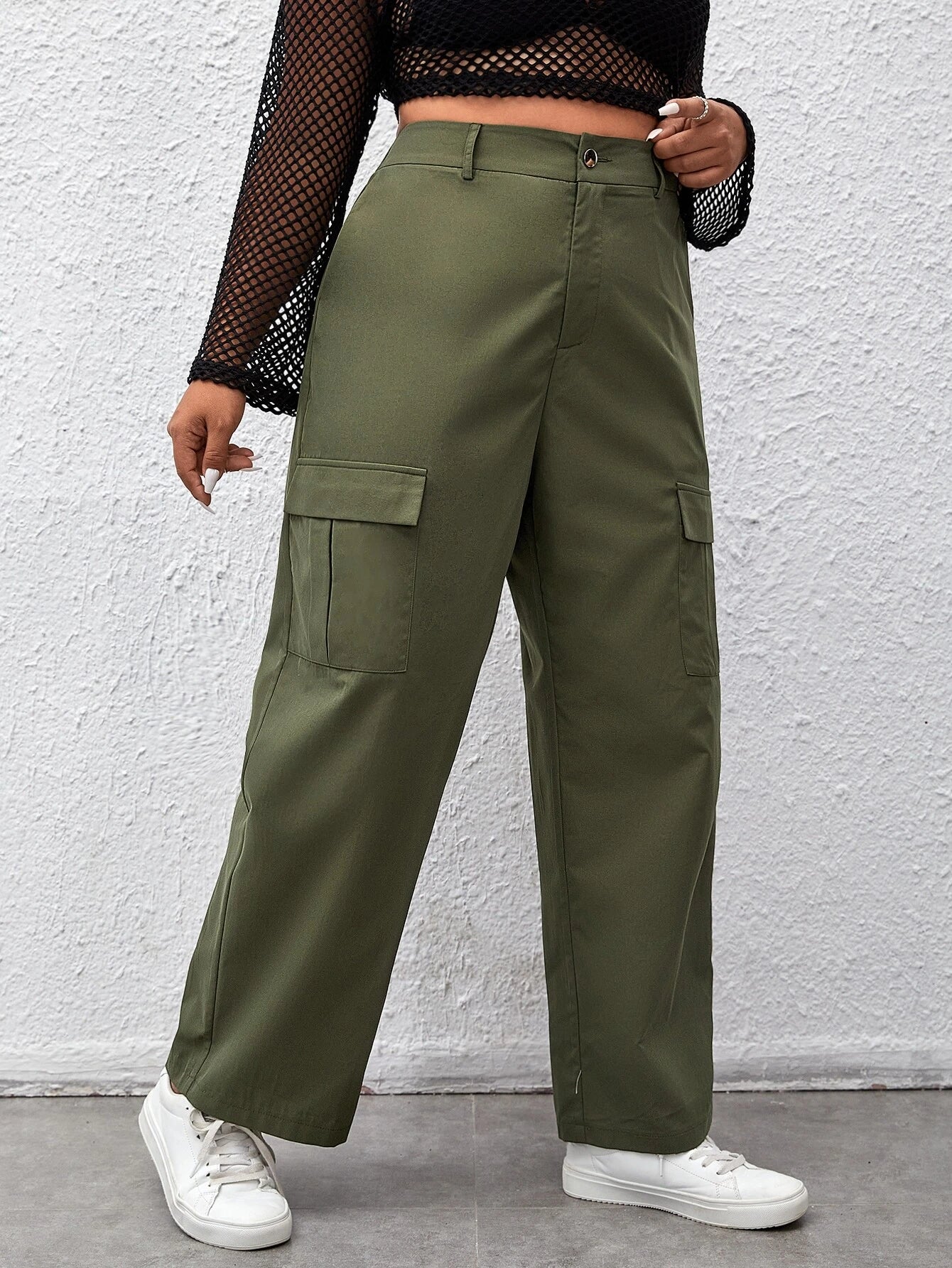 High Waist Flap Pocket Side Casual Cargo Pants – pocket detail close-up
