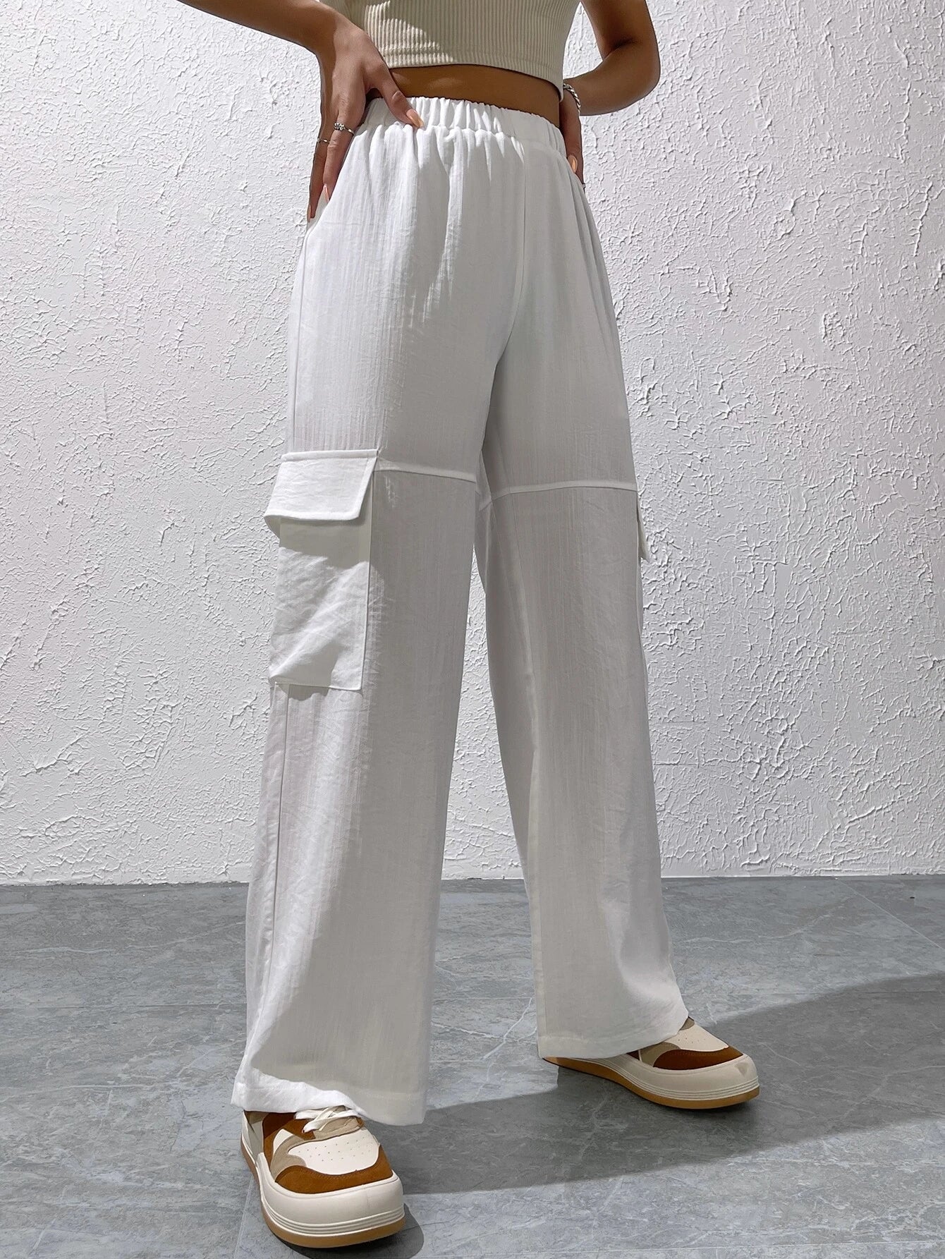 Casual Plain Flap Pocket Side Cargo Pants Style 2 – waistband detail
