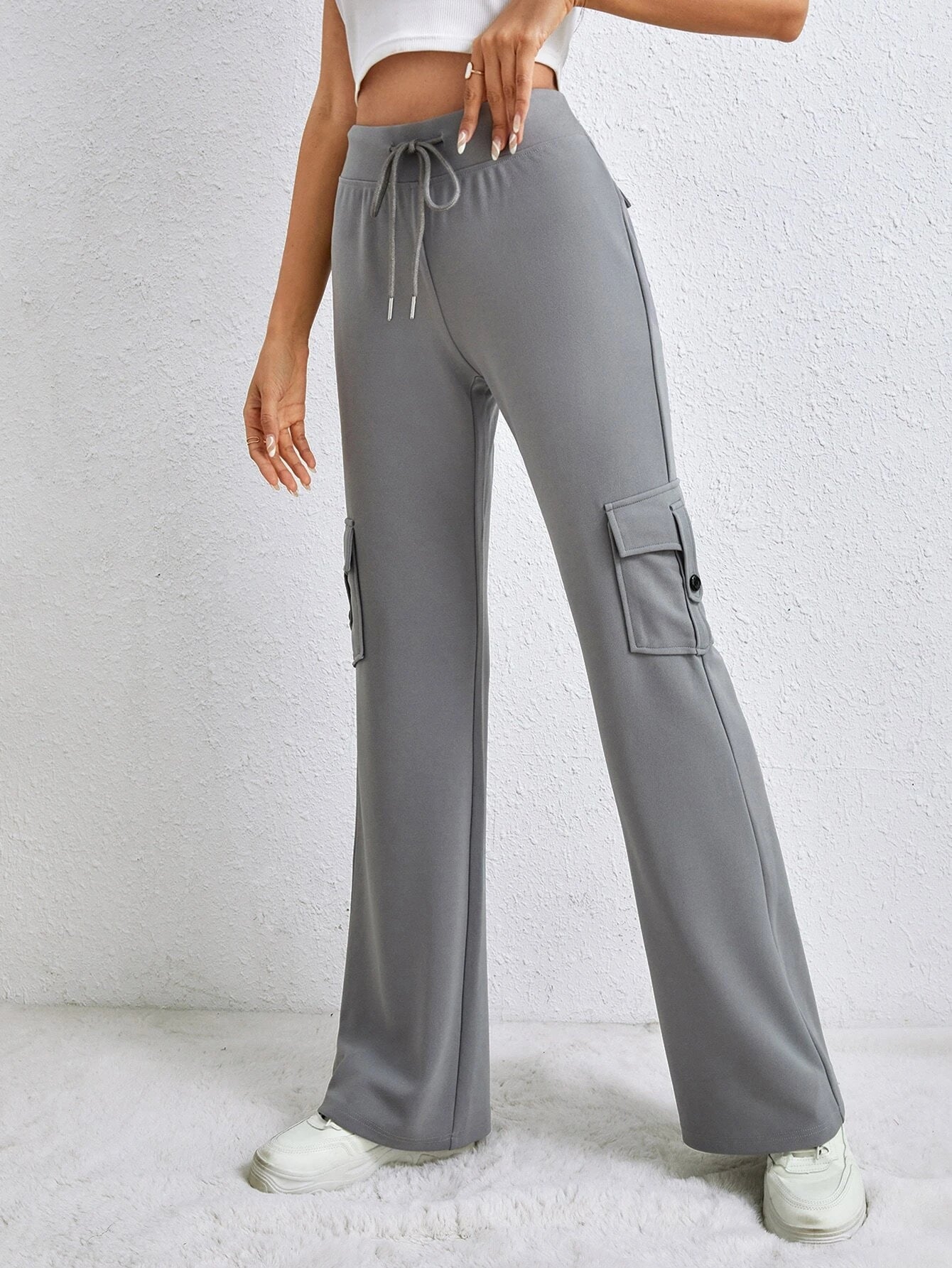 Tall Flap Pocket Side Drawstring Waist Cargo Pants – full length outfit view