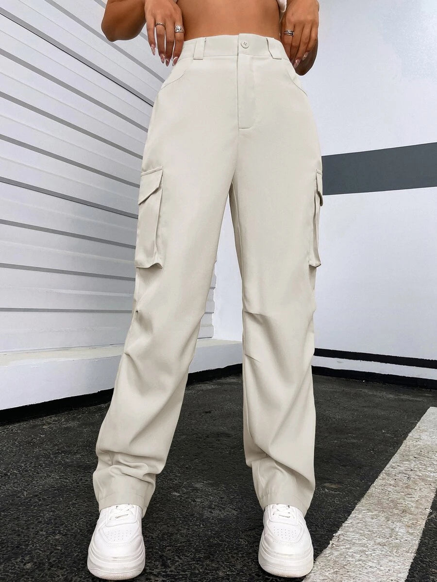 Solid Flap Pocket Side Cargo Pants – lifestyle view 24