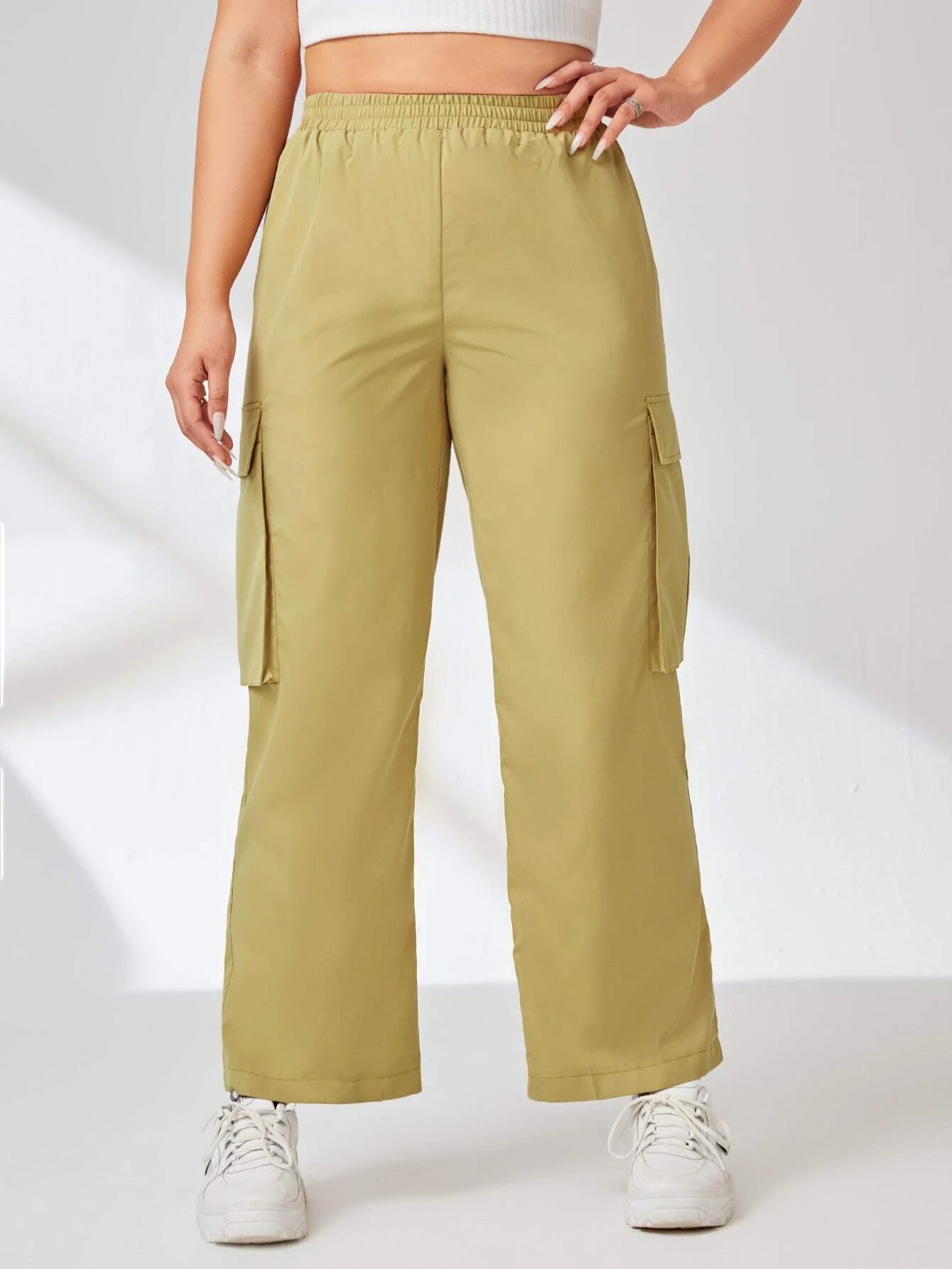 Flap Pocket Side Cargo Pants in Green – lifestyle view 11